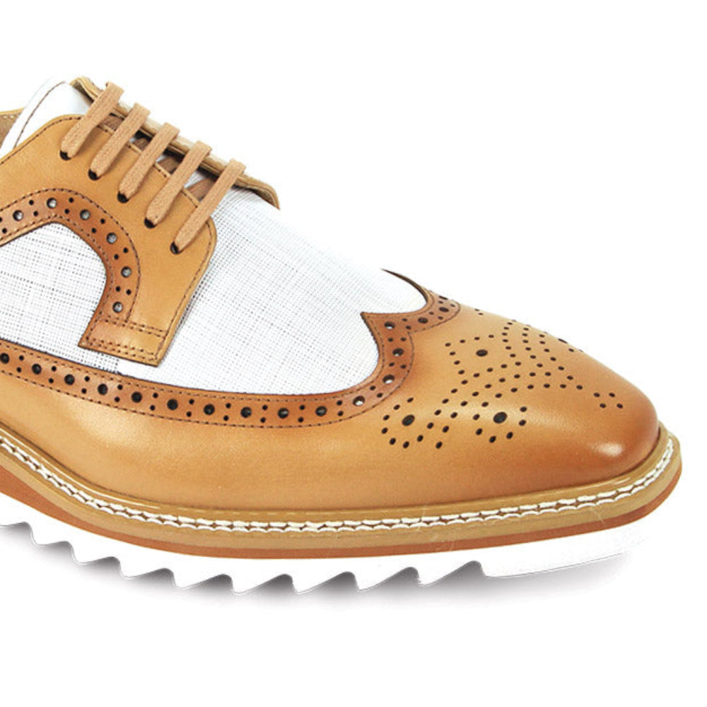 men’s latte & white wingtip brogue dress shoes with contrast sole detail