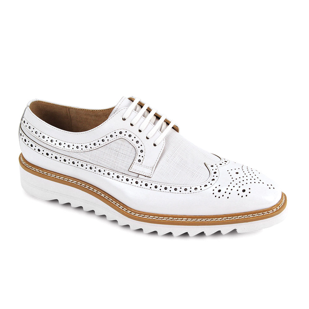 white wingtip lace-up leather and fabric dress shoes for men