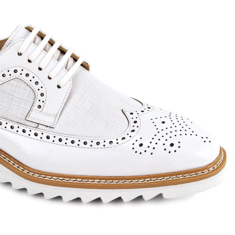 men’s white wingtip brogue dress shoes with contrast sole detail