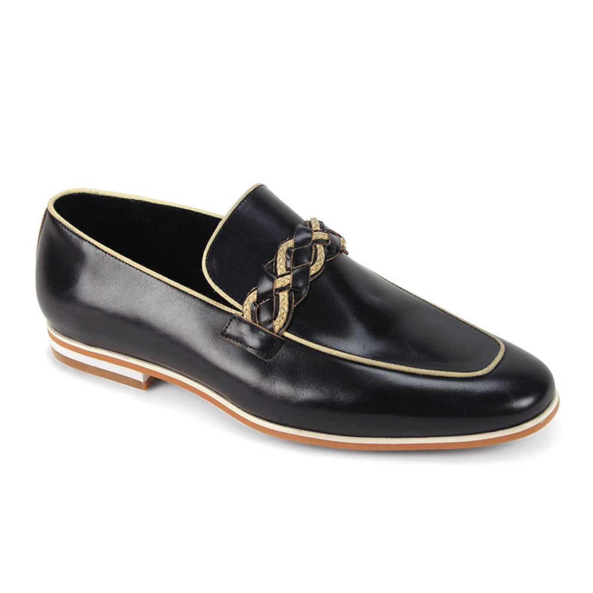 black moc toe leather slip-on shoes for men with woven strap