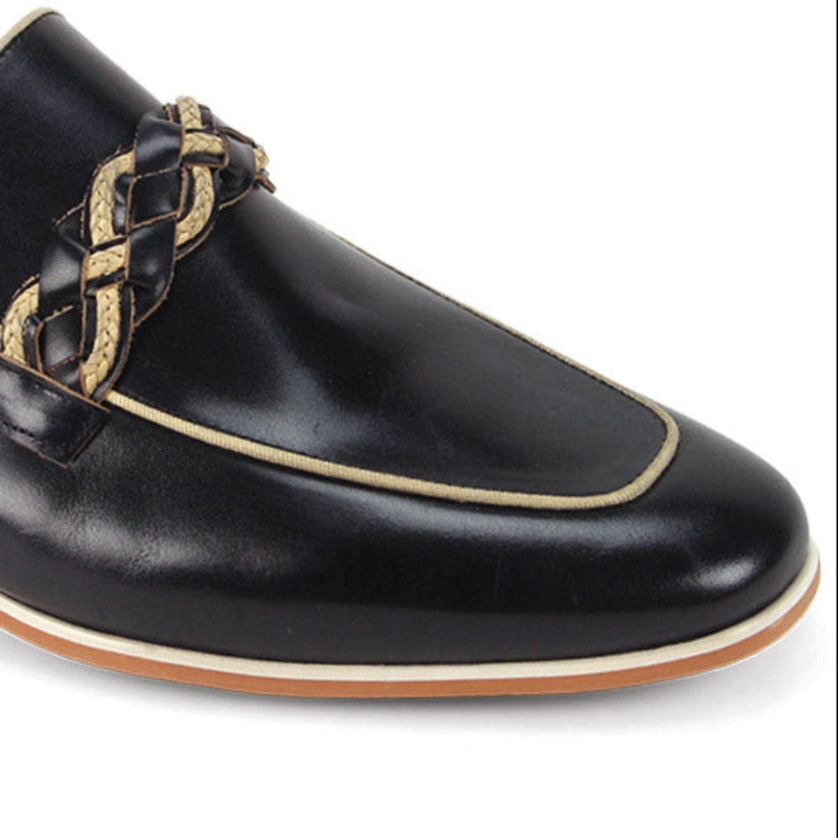 black moc toe leather slip-on shoes for men with woven strap detail