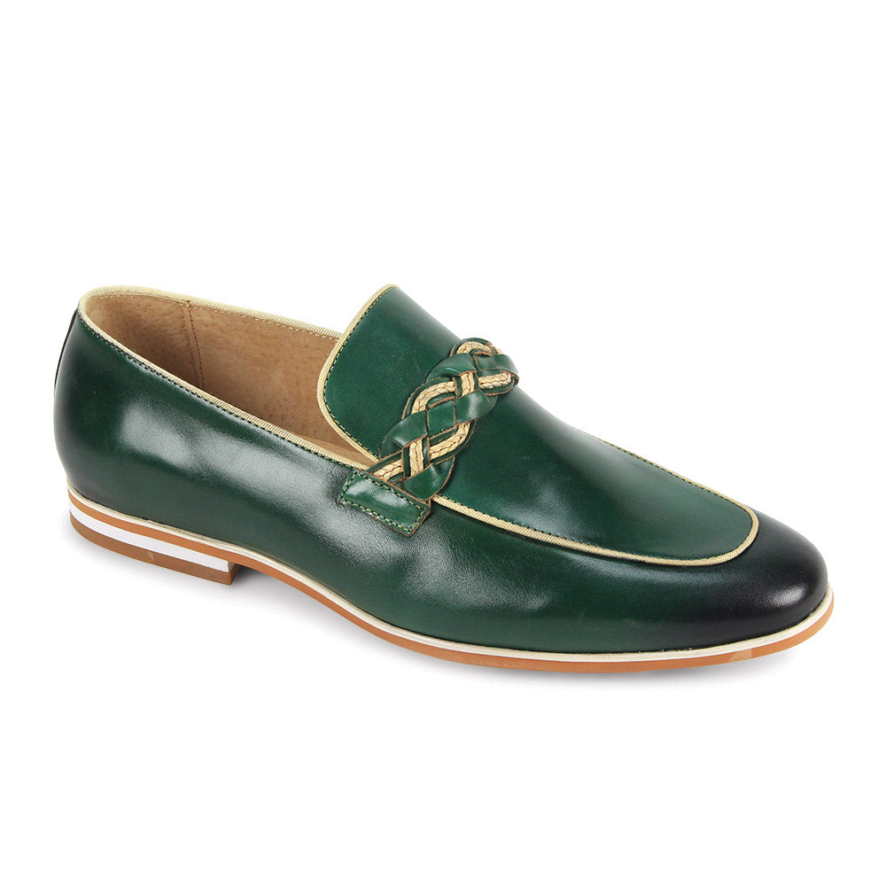 green moc toe leather slip-on shoes for men with woven strap