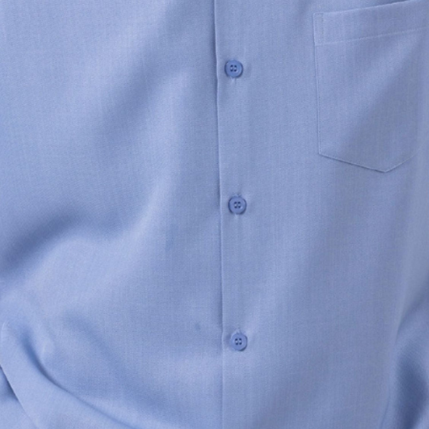 Close-up of carolina blue 100% polyester fabric showing the solid texture and button detail