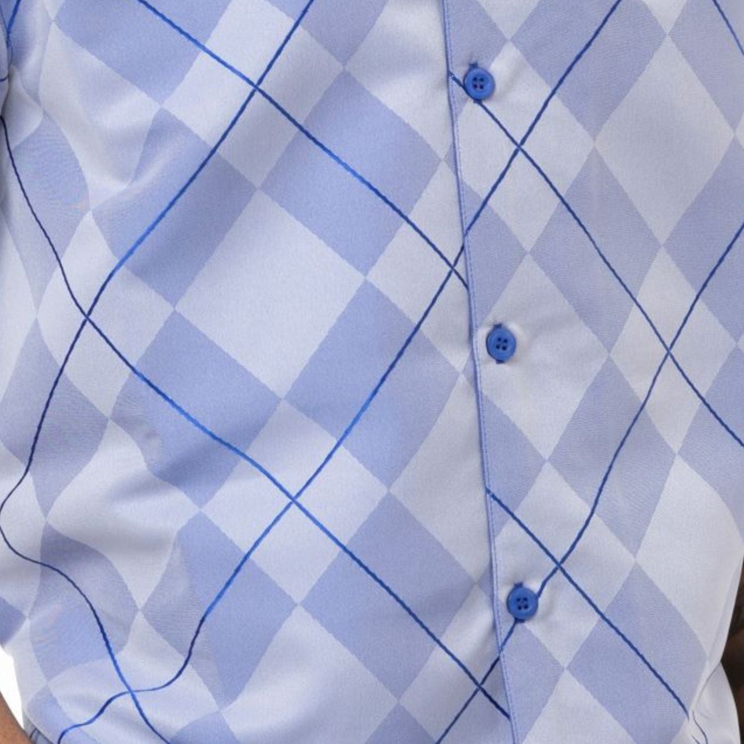 Close up of the royal argyle pattern short sleeve walking suit with coordinated shorts