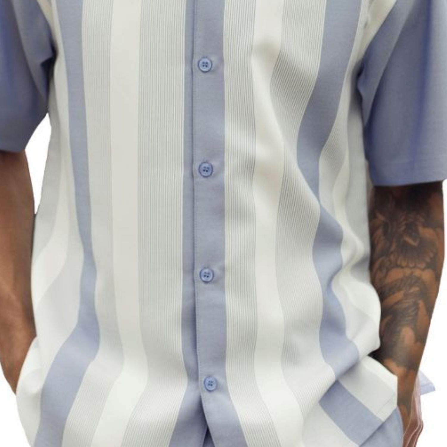 close up o the chambray vertical stripe short sleeve walking suit set with coordinated shorts