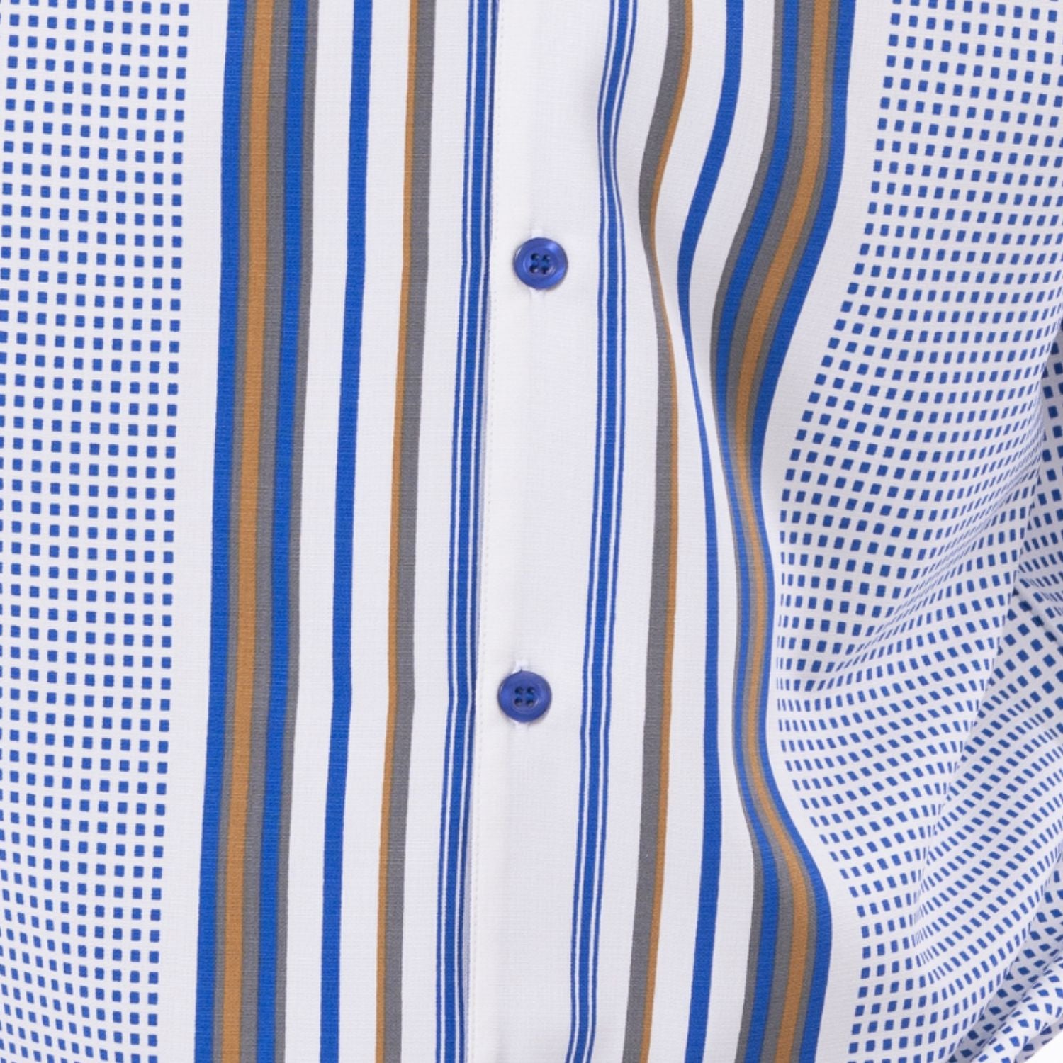 Cloe up of the Cobalt geometric symmetry pattern short sleeve walking suit set with cuffed shorts