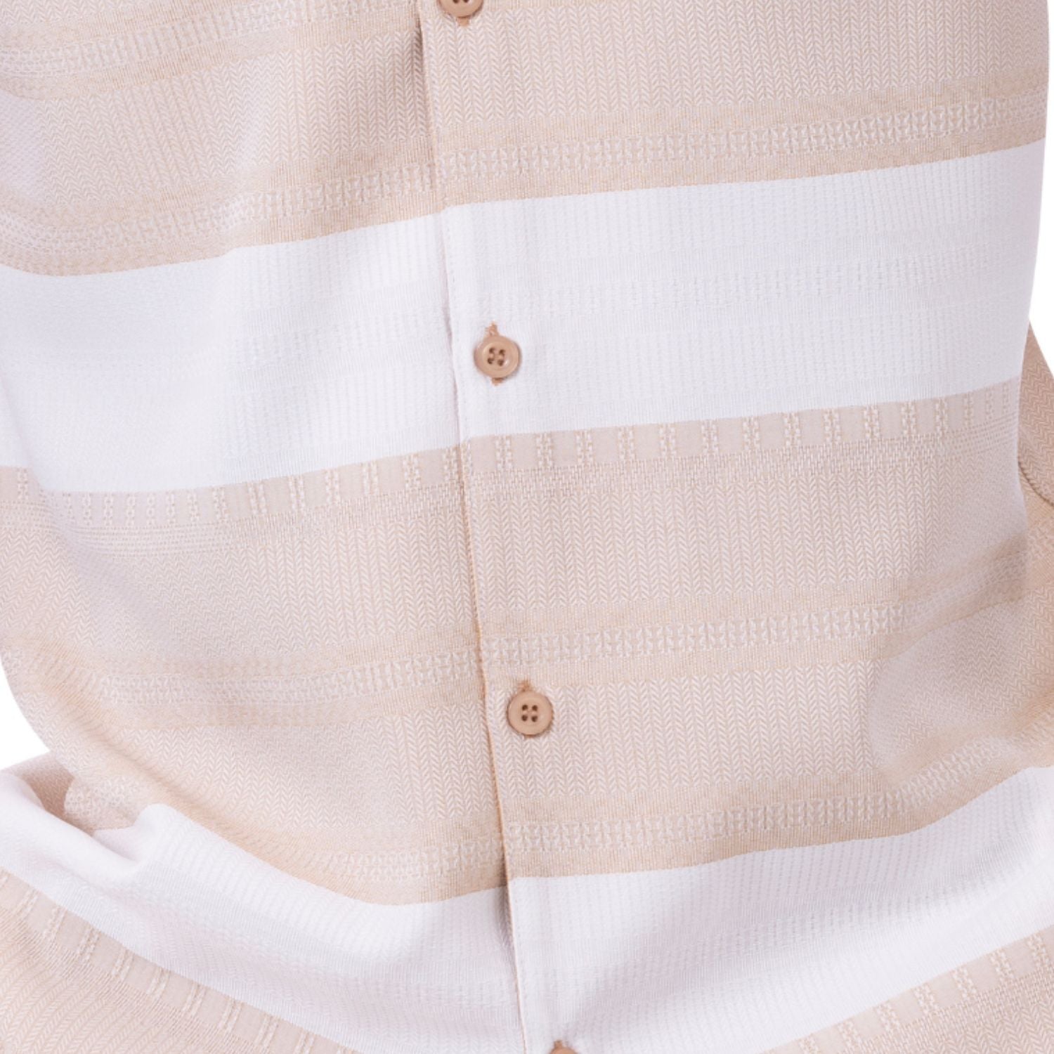 Close up of the tan horizontal stripe short sleeve walking suit set with matching shorts