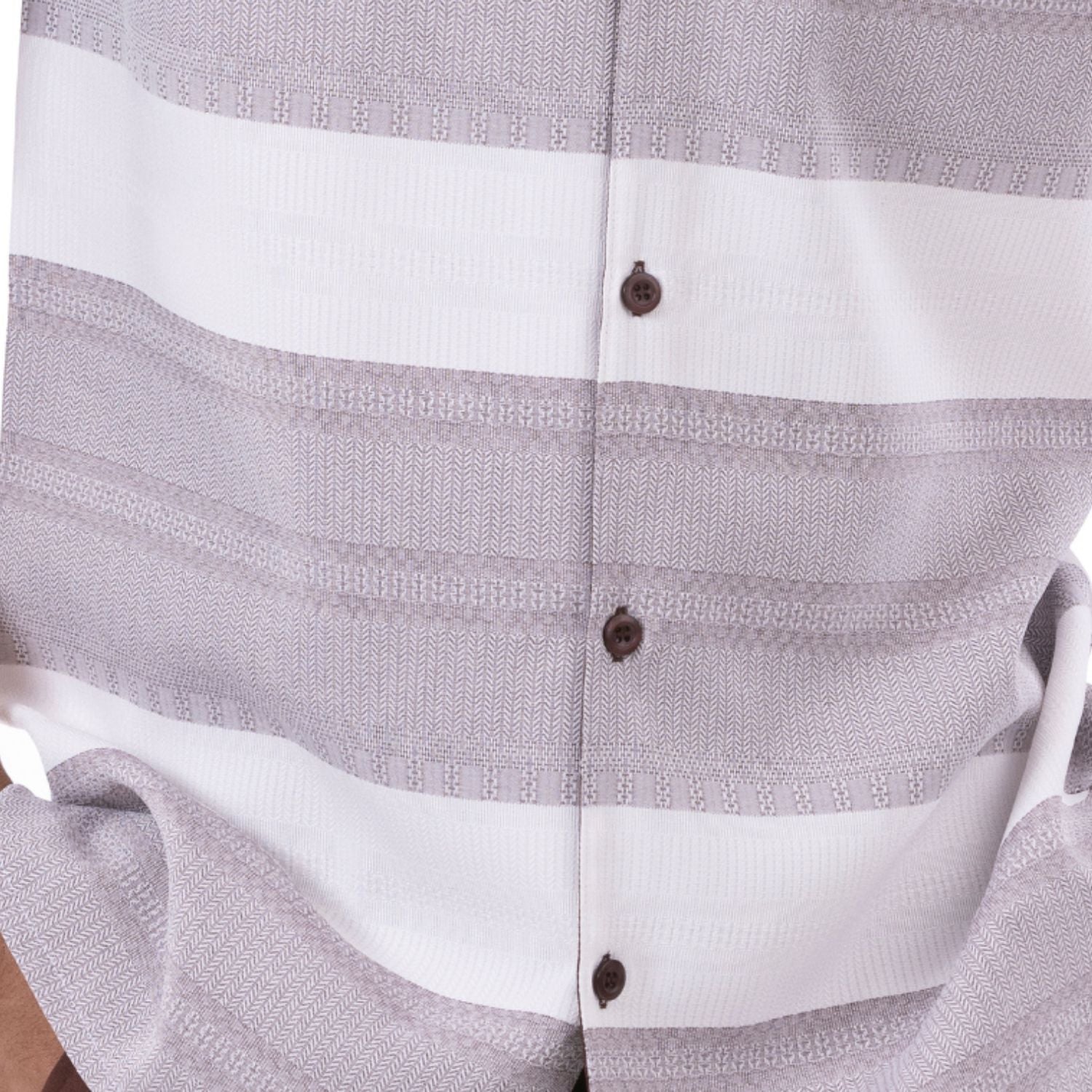 Close up of the brown horizontal stripe short sleeve walking suit set with matching shorts