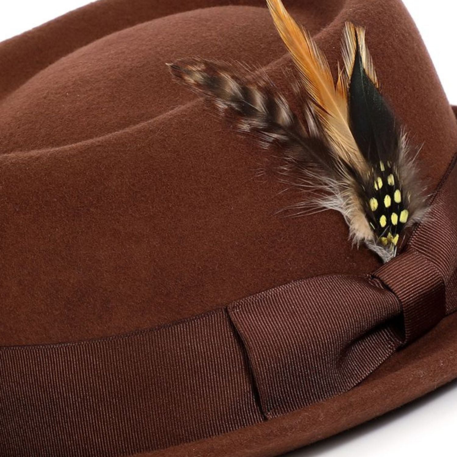 brown pork pie hat side view with feather detail