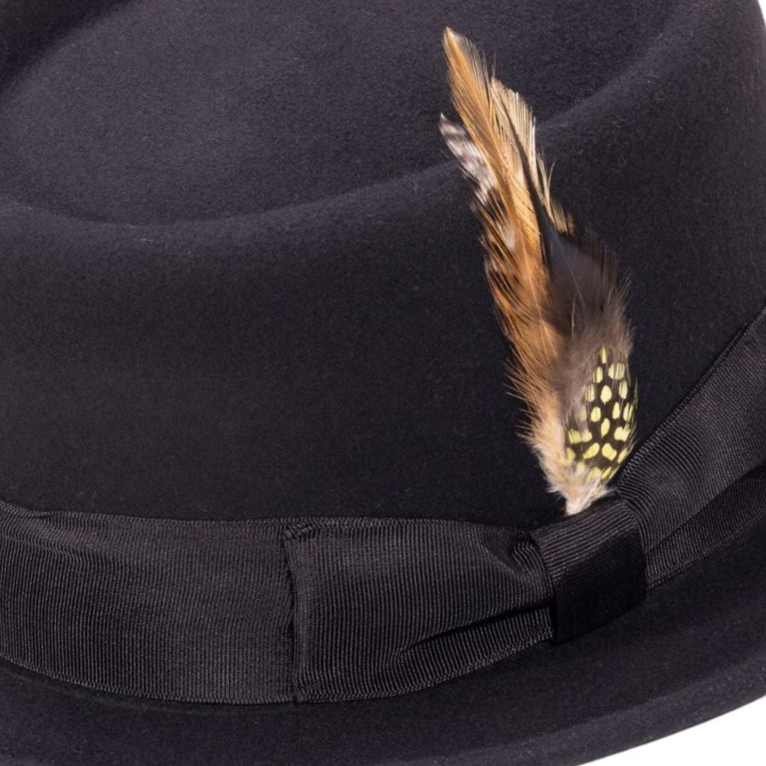 black pork pie hat side view with feather detail