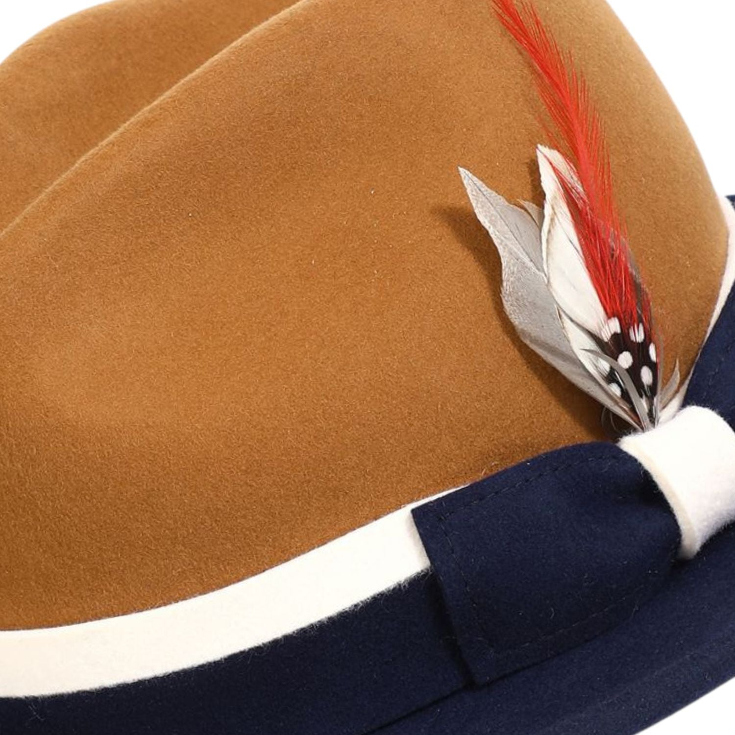 side view navy- cappuccino fedora with red feather
