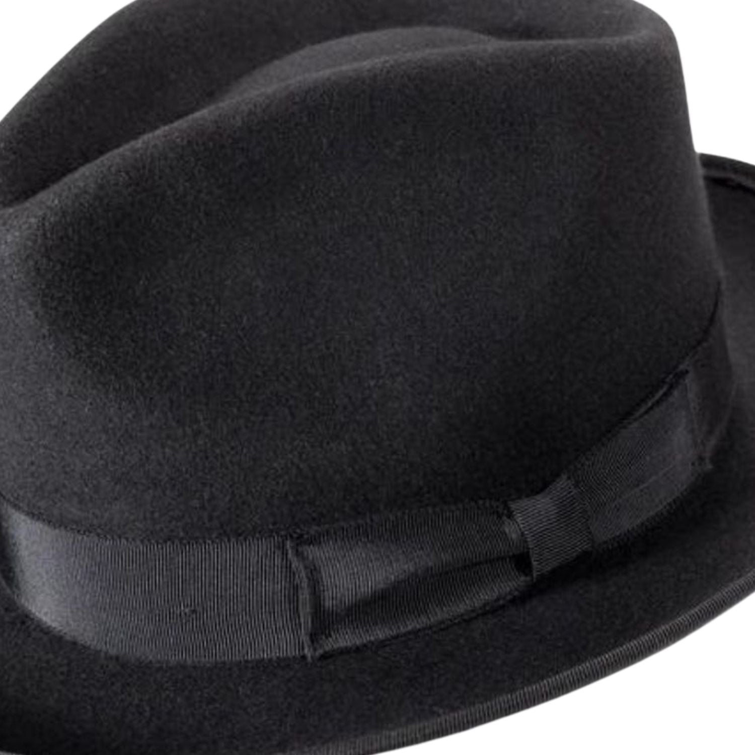 side view black fedora hat with grosgrain band