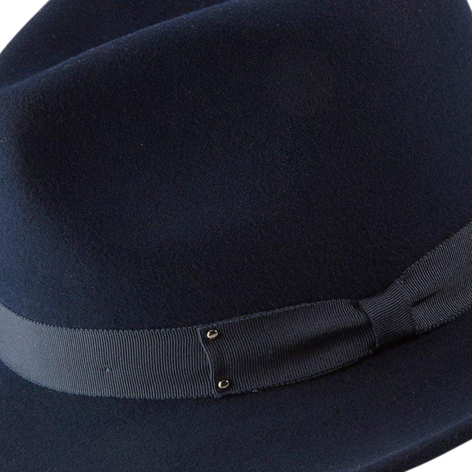 side view navy fedora hat pinch crown