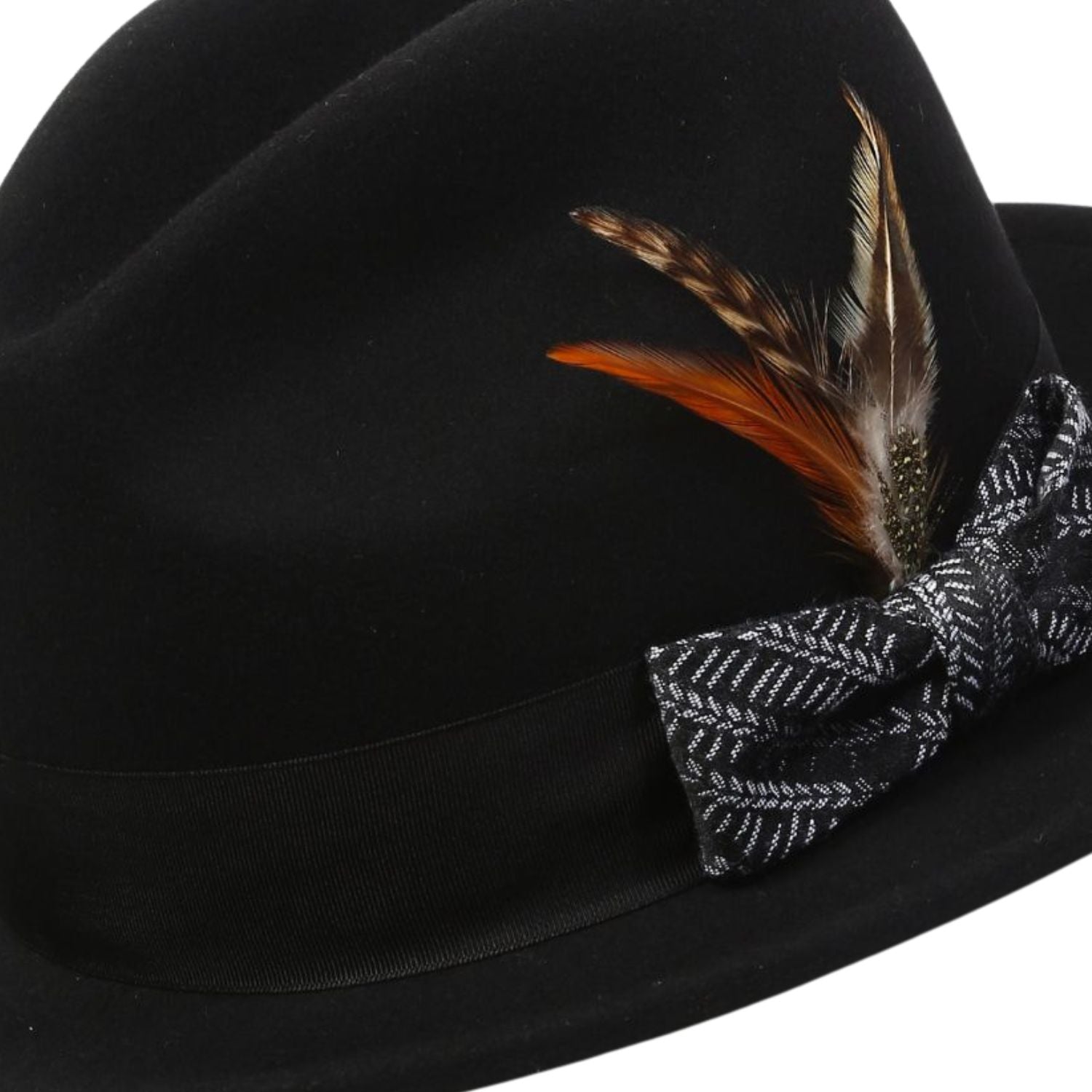 side view black fedora white band feather