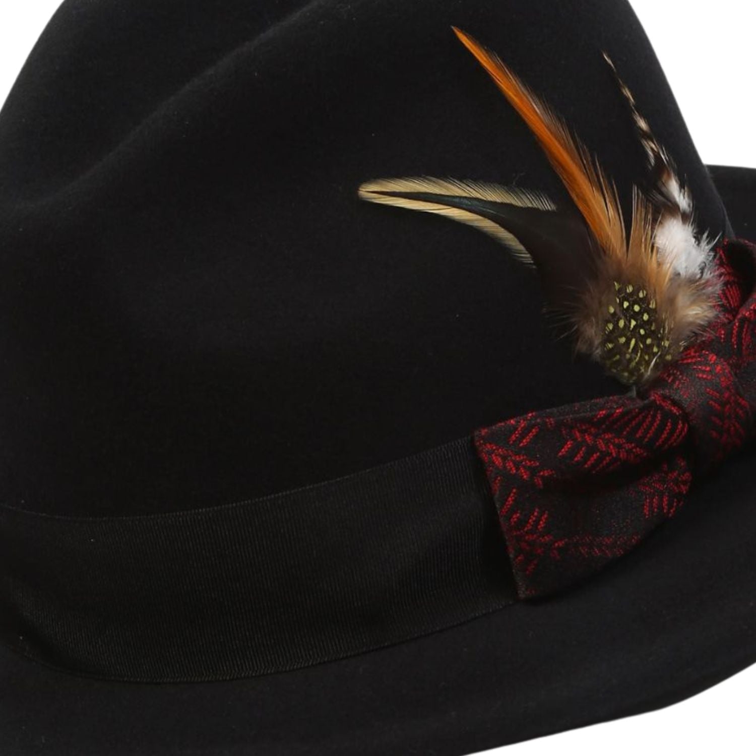 side view black fedora red band feather