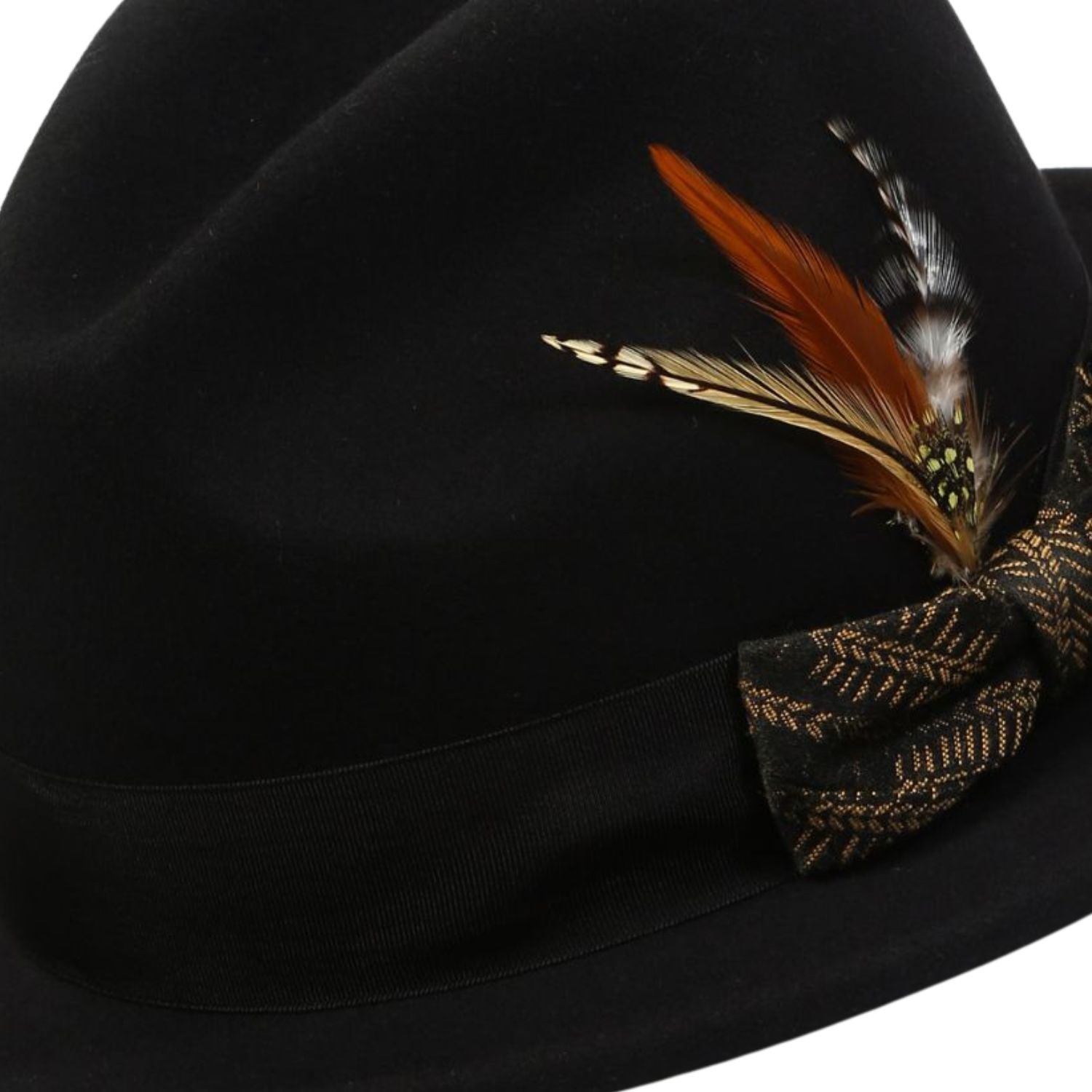 side view black fedora khaki band feather
