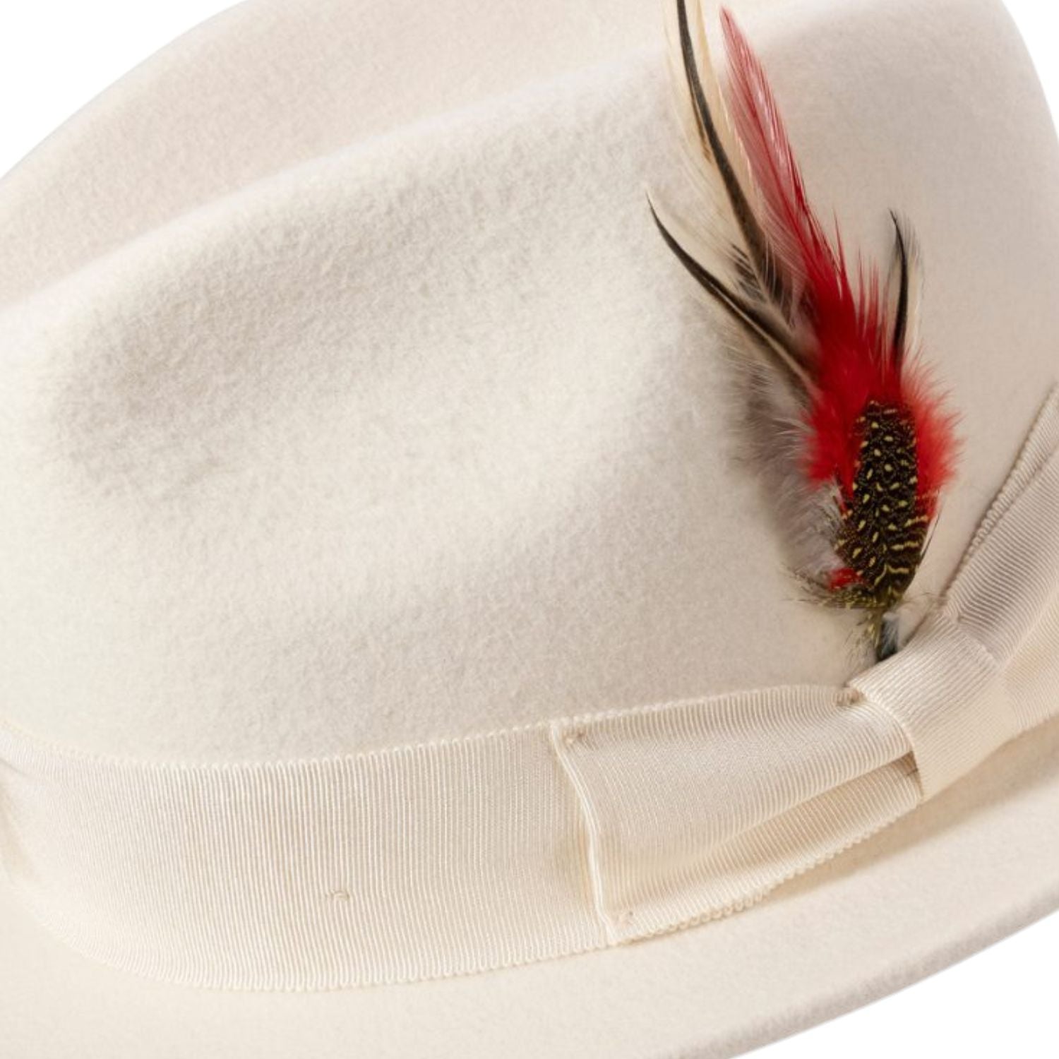 side view white fedora feather accent