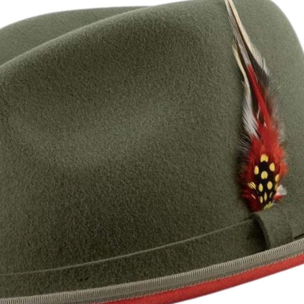 side view olive hat with red underside and feather