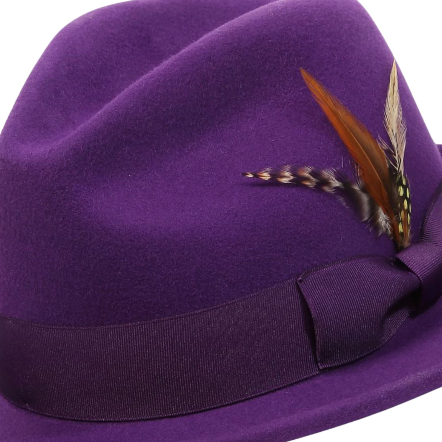 montique purple wool felt fedora hat with 2.5 inch wide brim