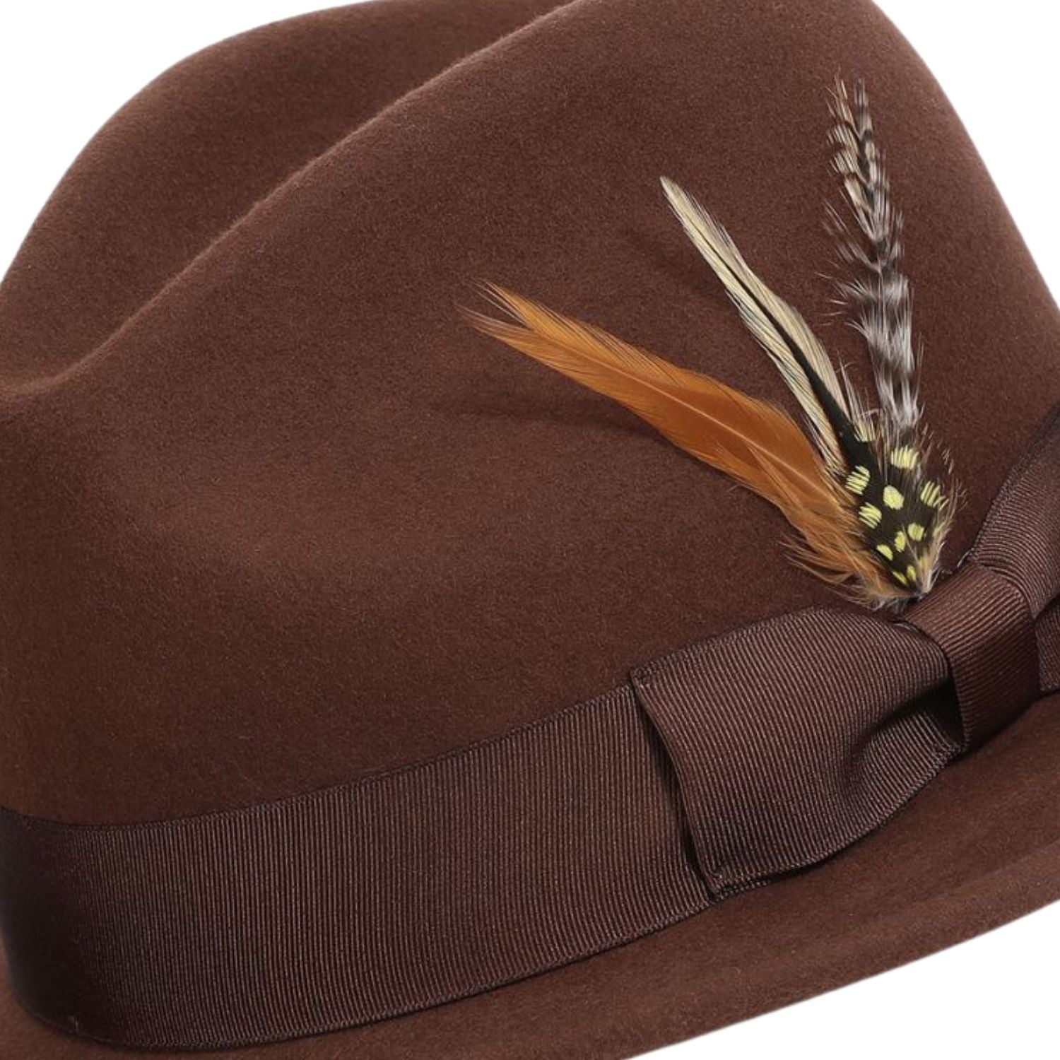 montique brown wool felt fedora hat with 2.5 inch wide brim