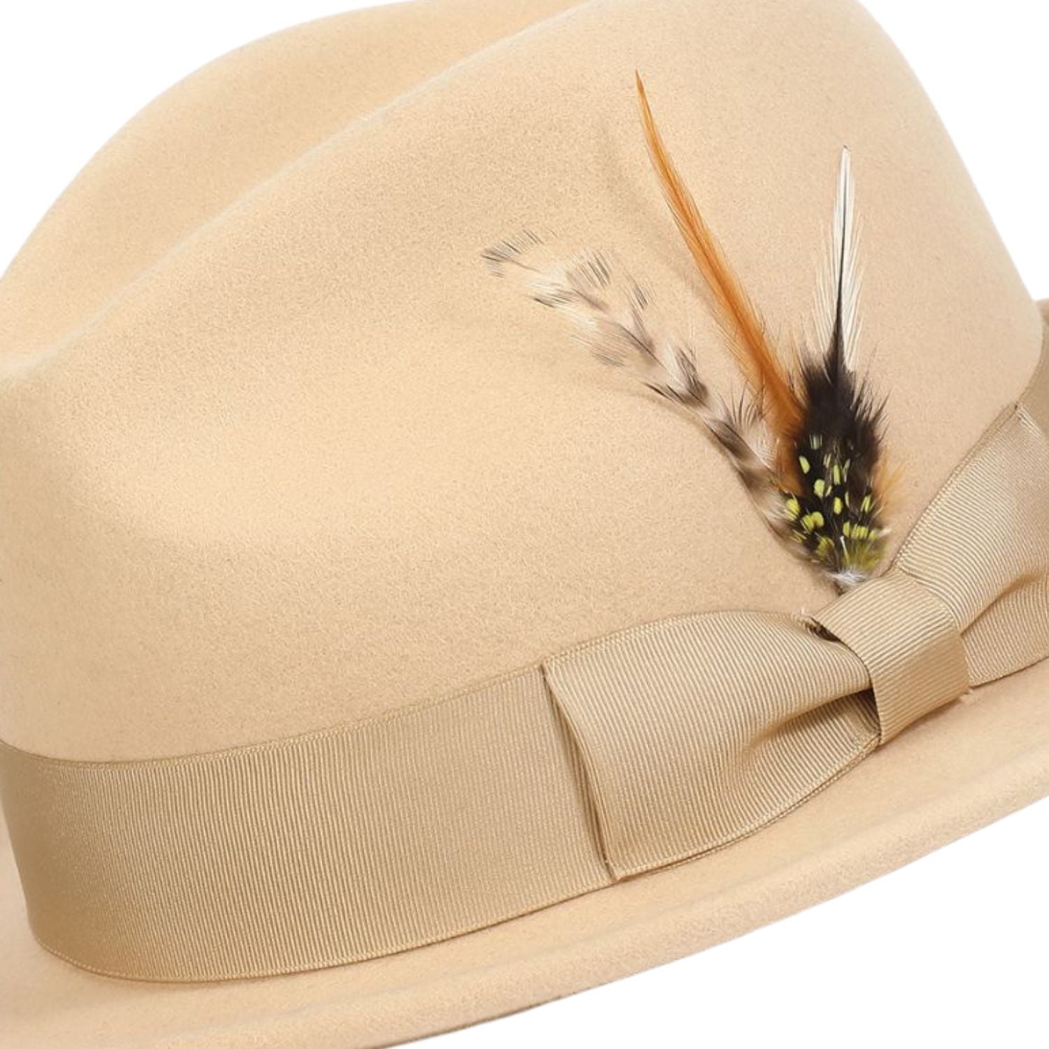 montique beige wool felt fedora hat with 2.5 inch wide brim
