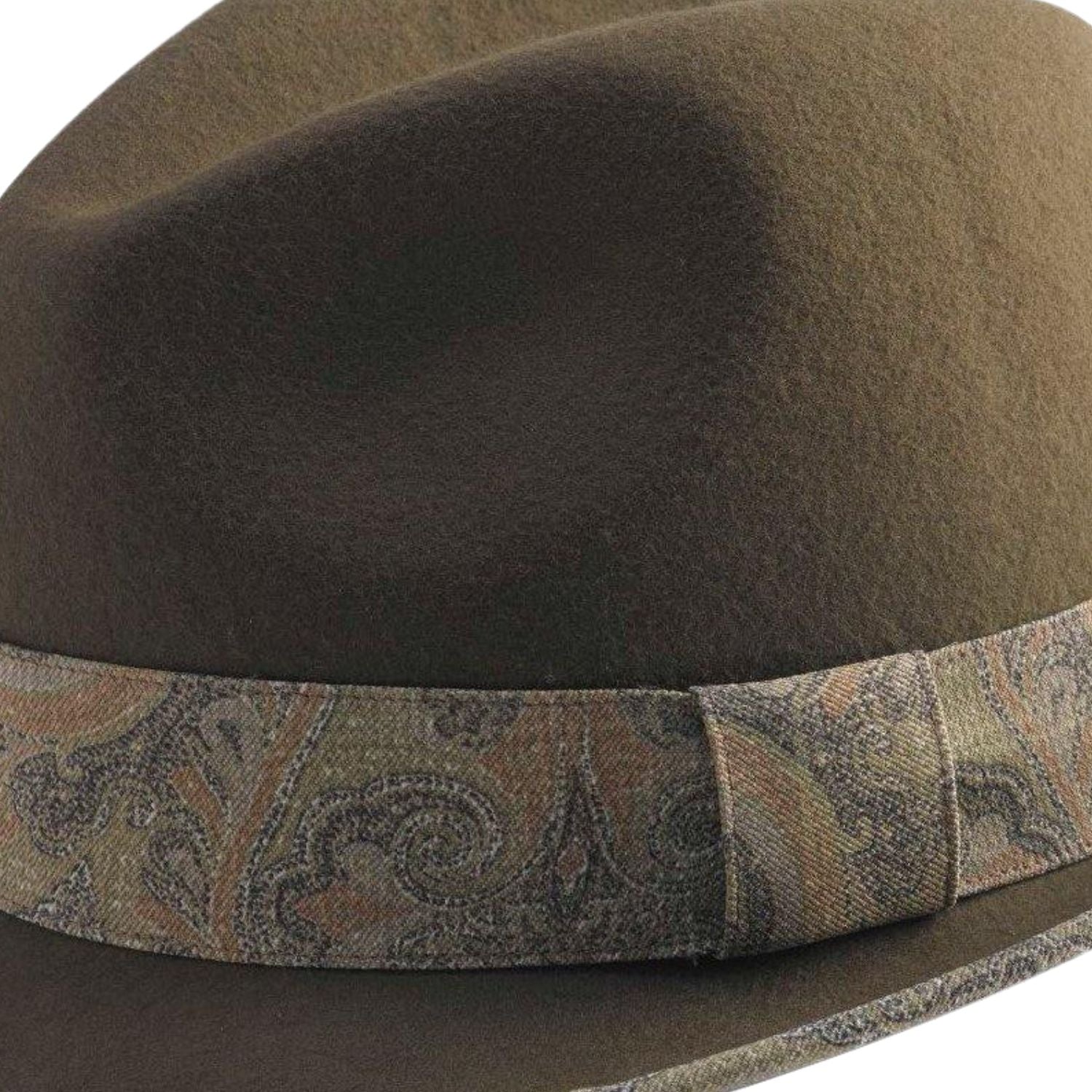 side view olive fedora with patterned band