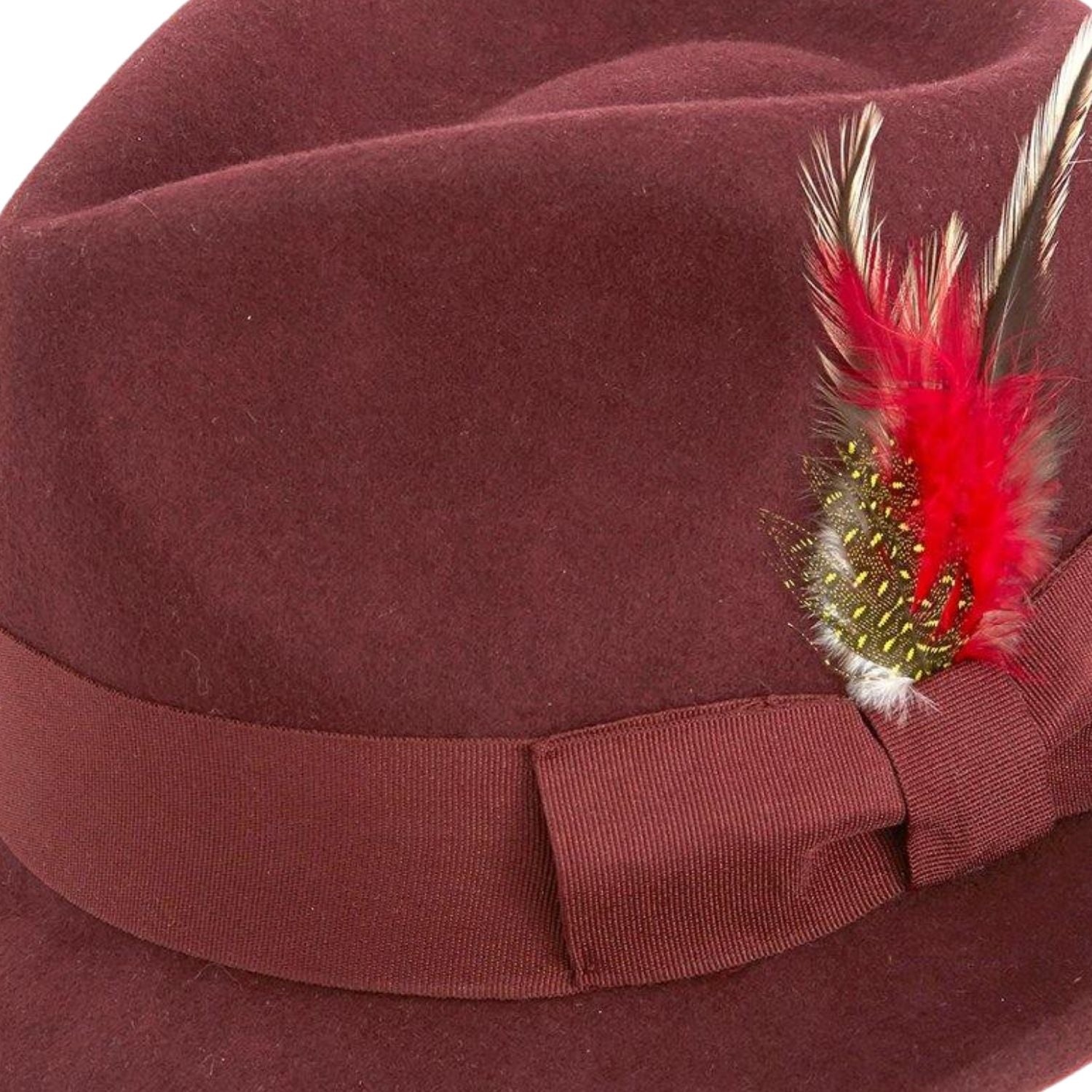burgundy fedora hat with 2 1/8 inch brim side detail
