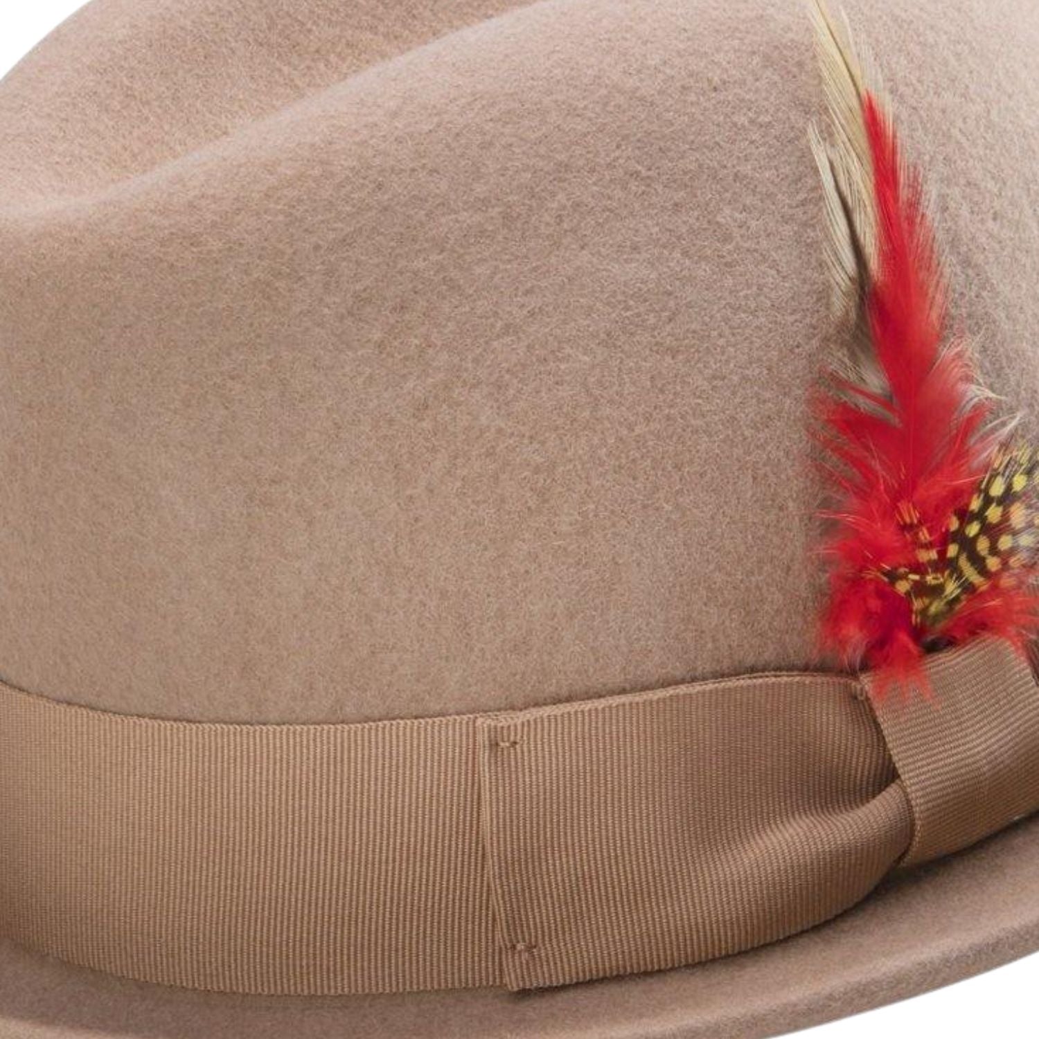 side view camel felt fedora with feather accent