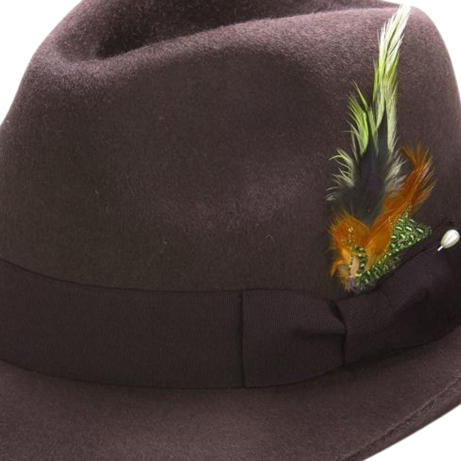 brown fur felt fedora with grosgrain ribbon and feather side detail