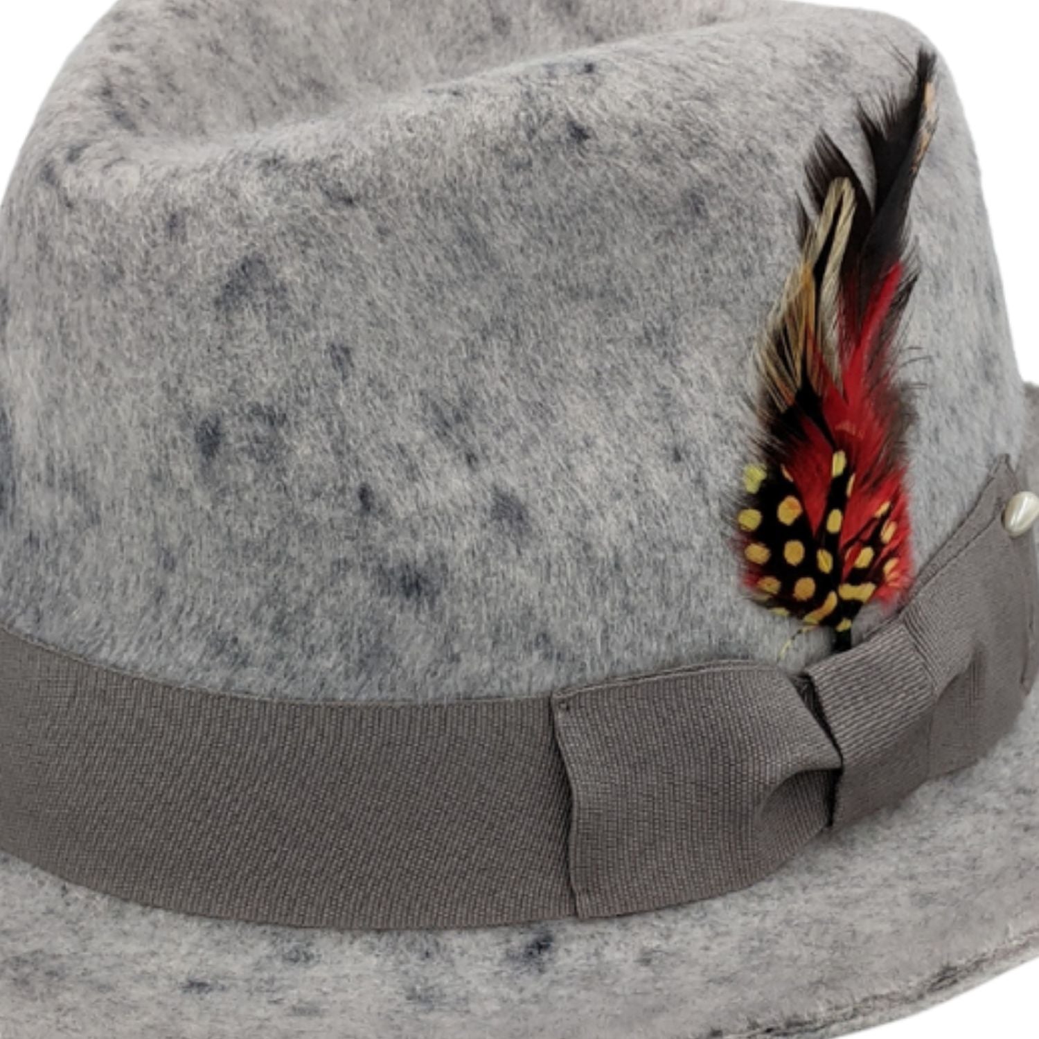 heather grey fur felt fedora with grosgrain ribbon and feather side detail