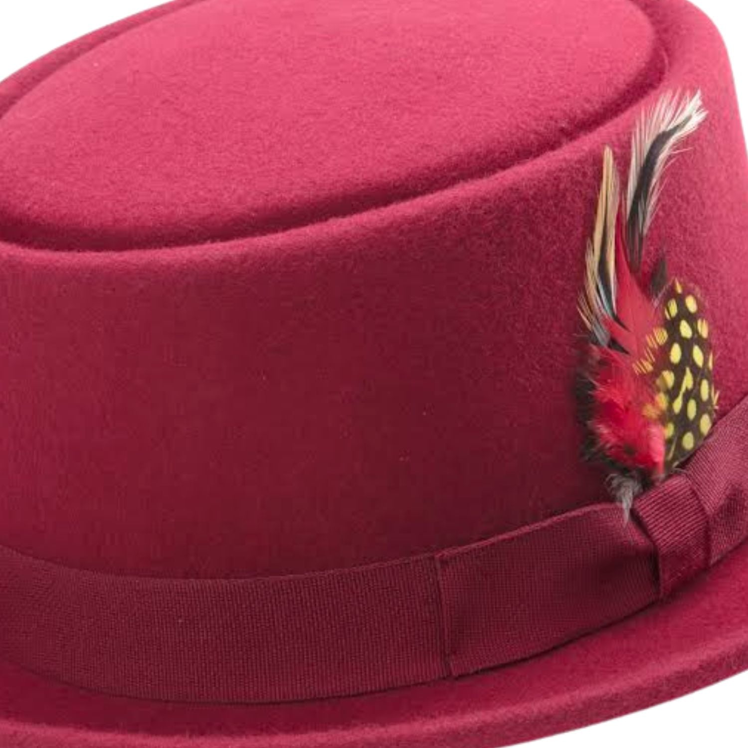 side angle cranberry pork pie hat with feather