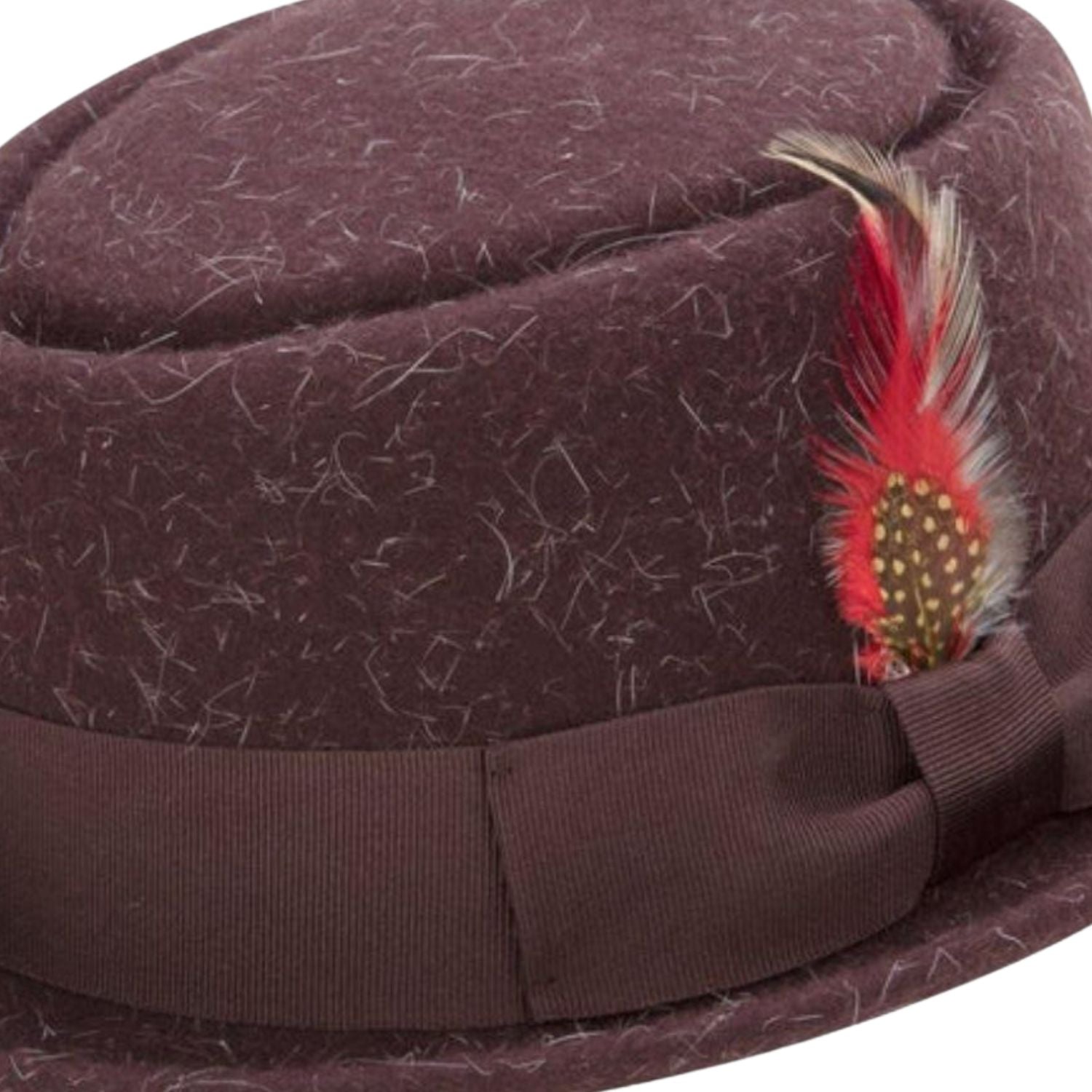 brown pork pie hat with teardrop dent crown and feather side detail