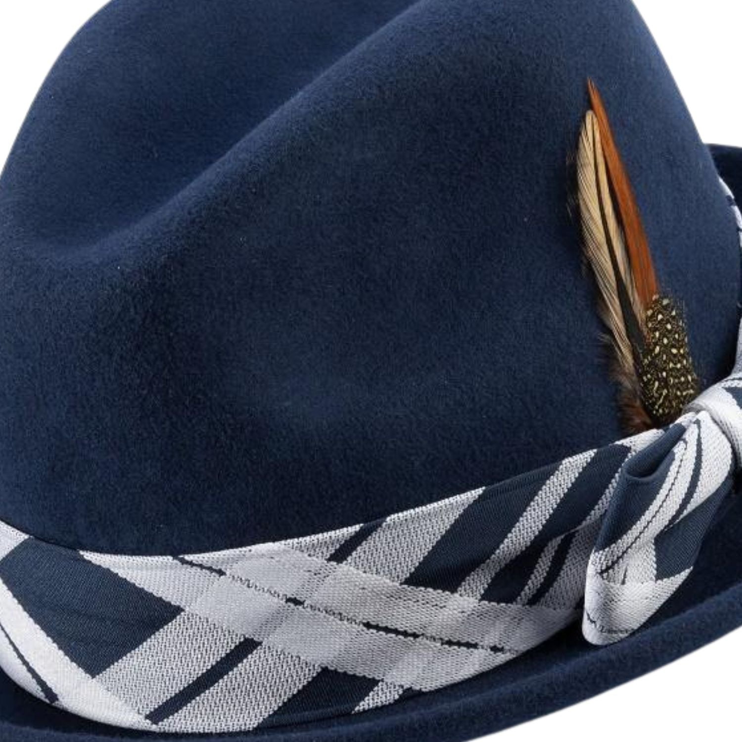 side view navy fedora hat feather accent