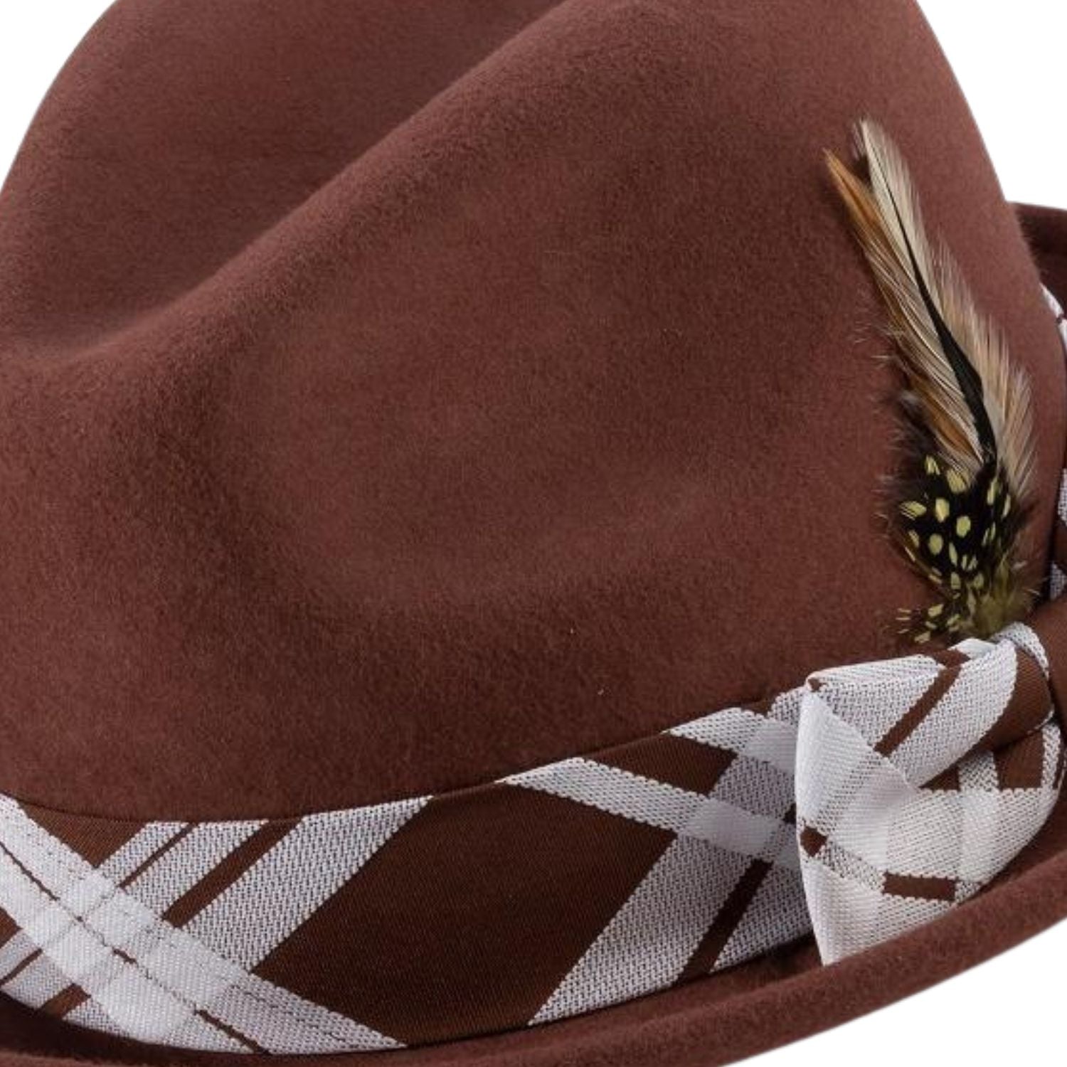 side view cognac fedora hat feather accent