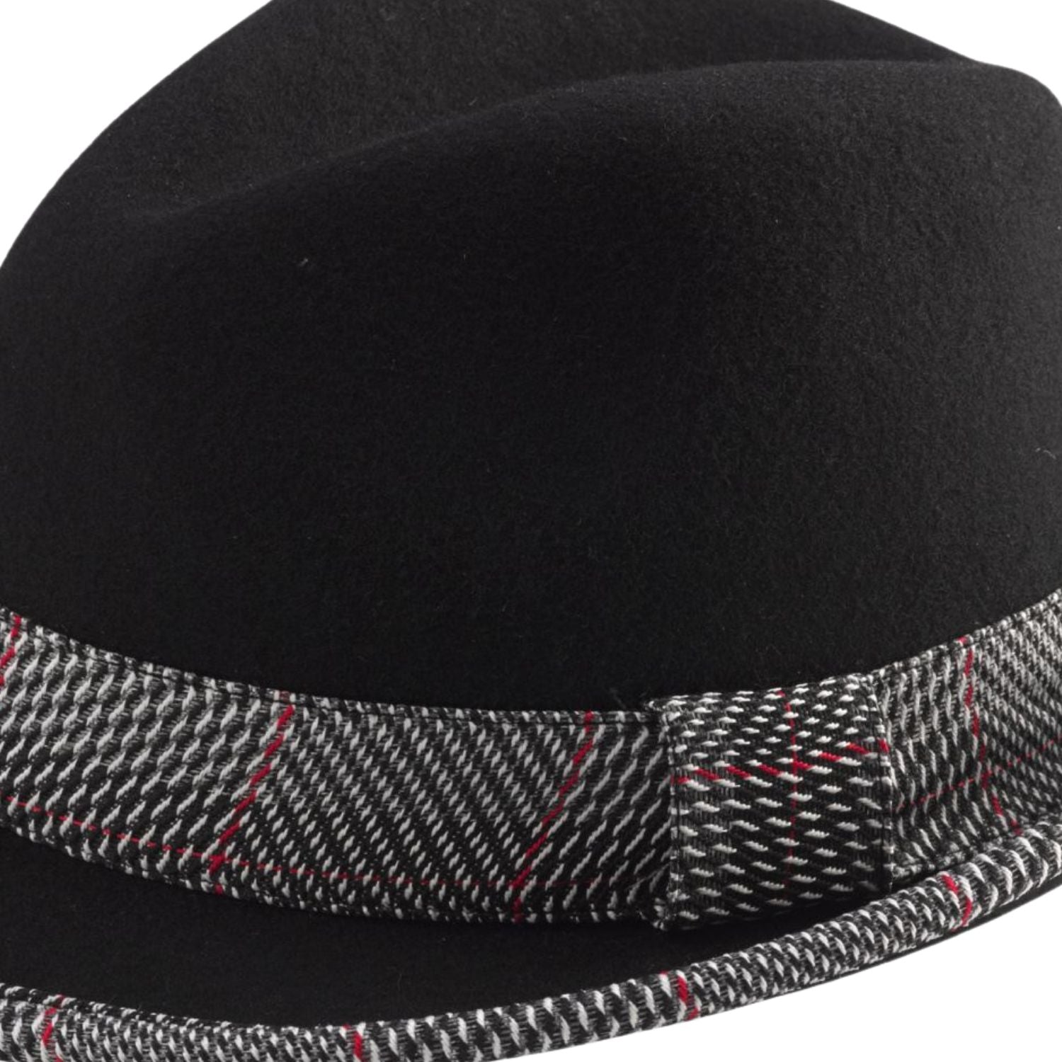 black pinch front fedora with plaid brim trim detail