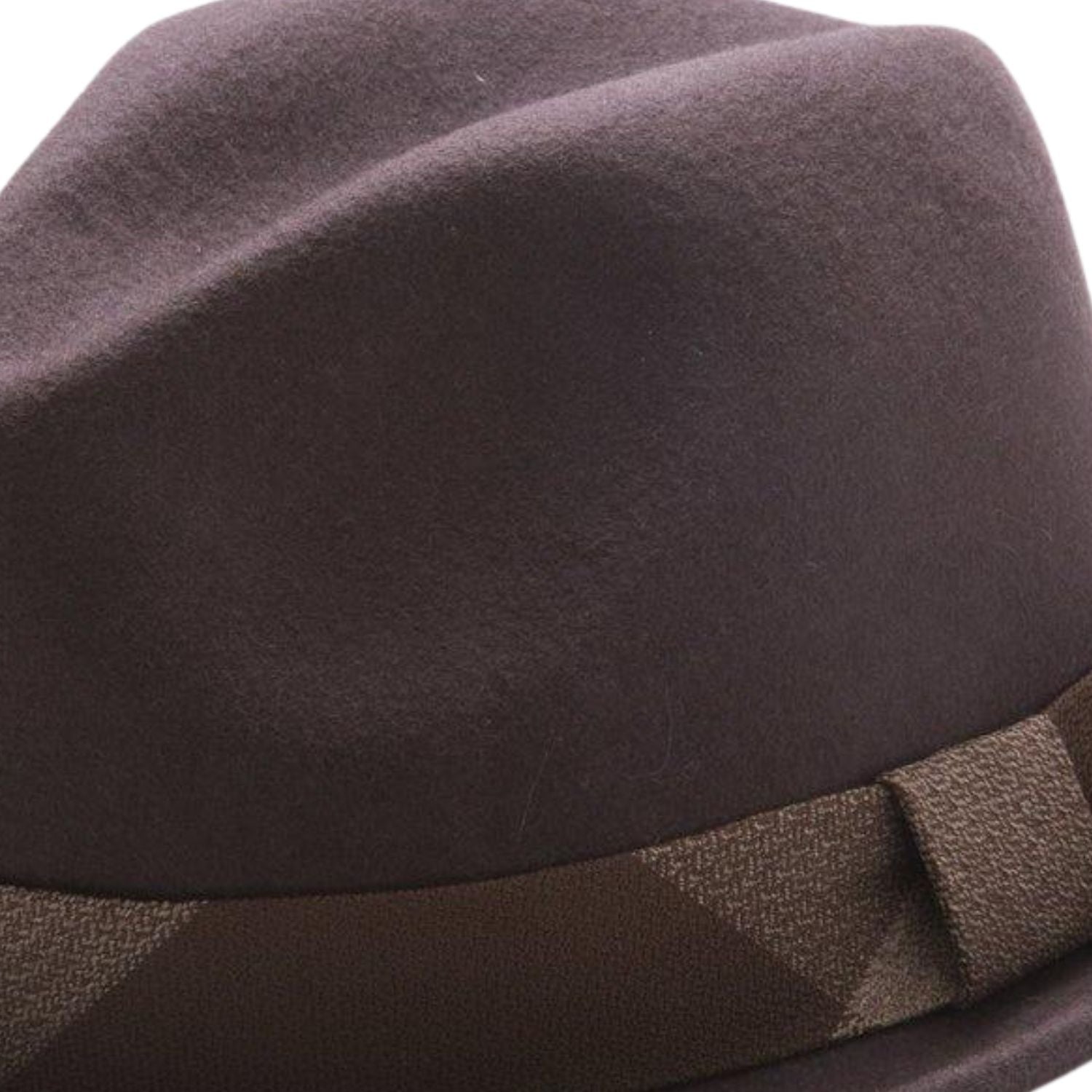 side view of brown felt fedora with contrast band