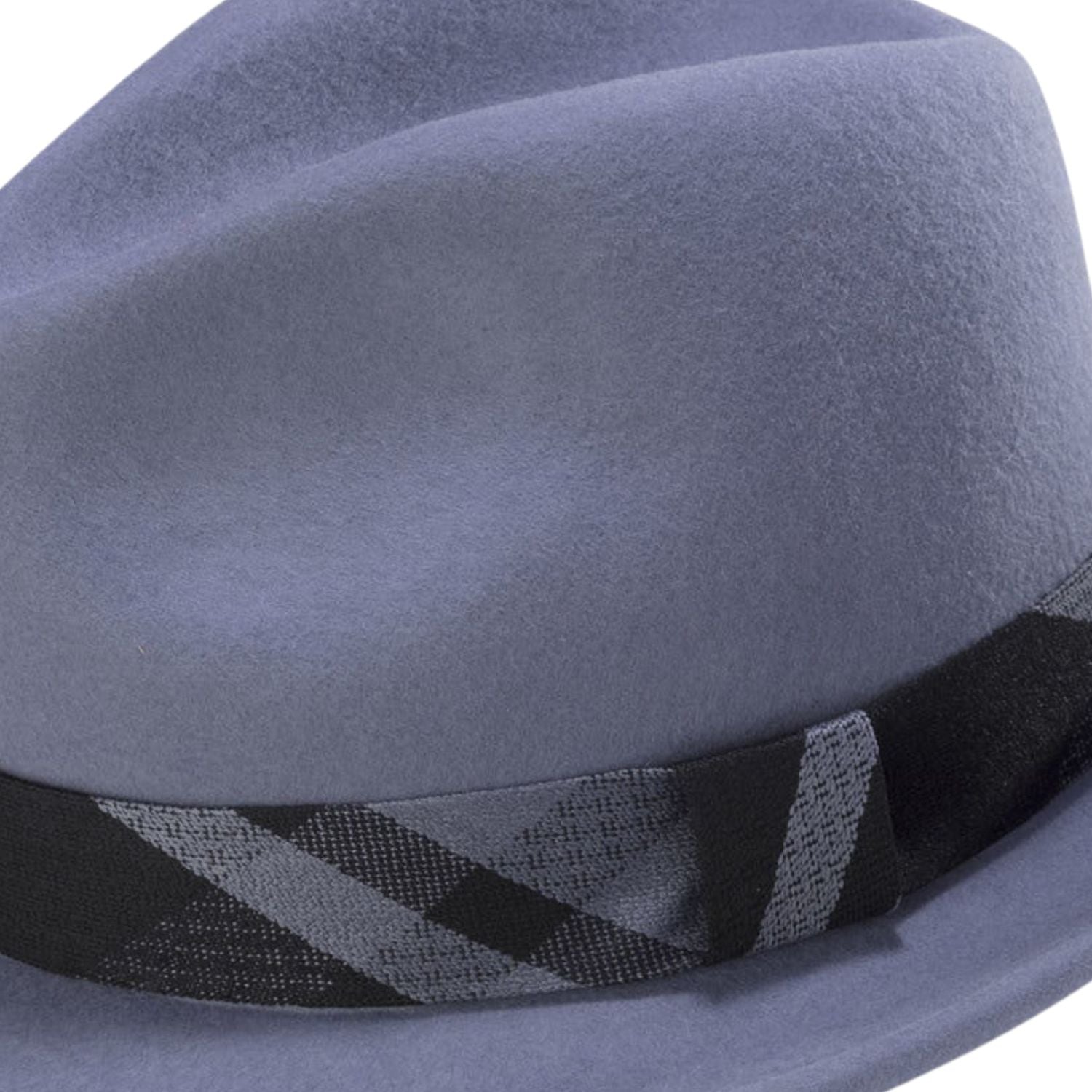 side view of grey fedora hat with contrasting band detail