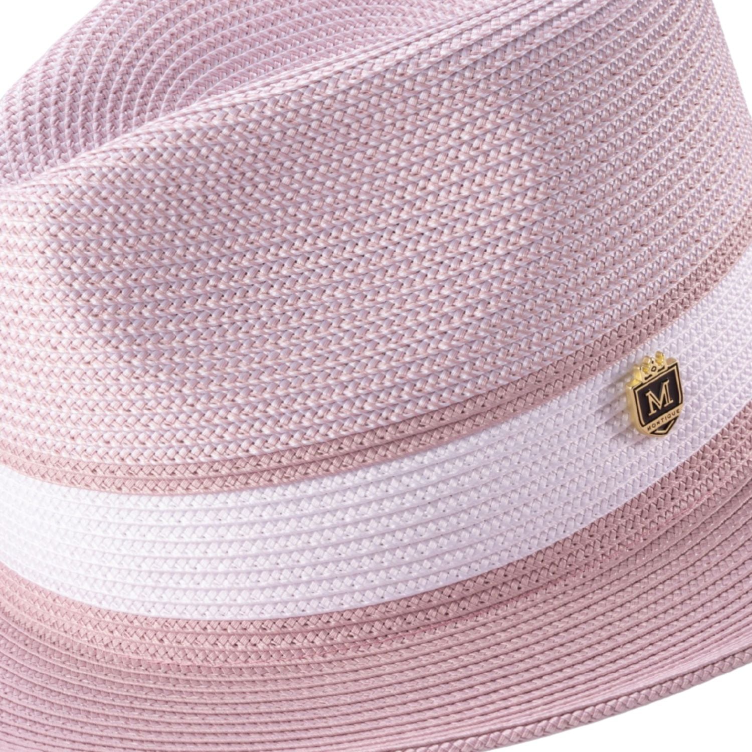 Close up of mauve wide brim straw fedora hat pinch crown