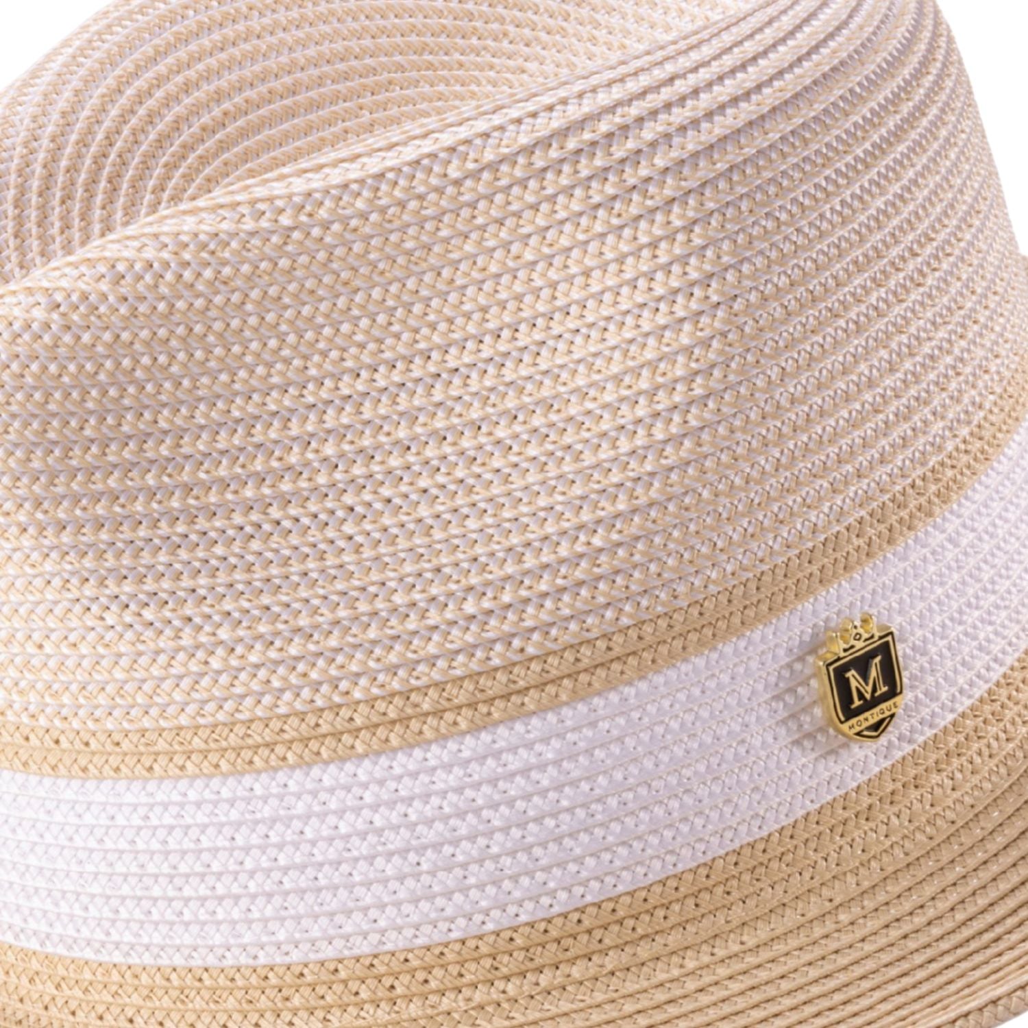 Close up of beige wide brim straw fedora hat pinch crown