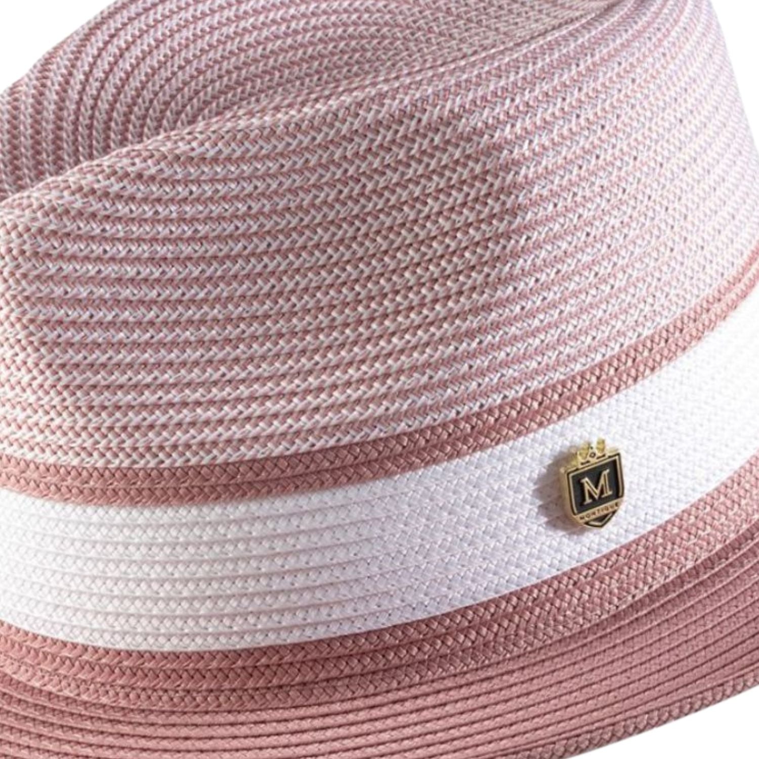 Close up of rose wide brim straw fedora hat pinch crown