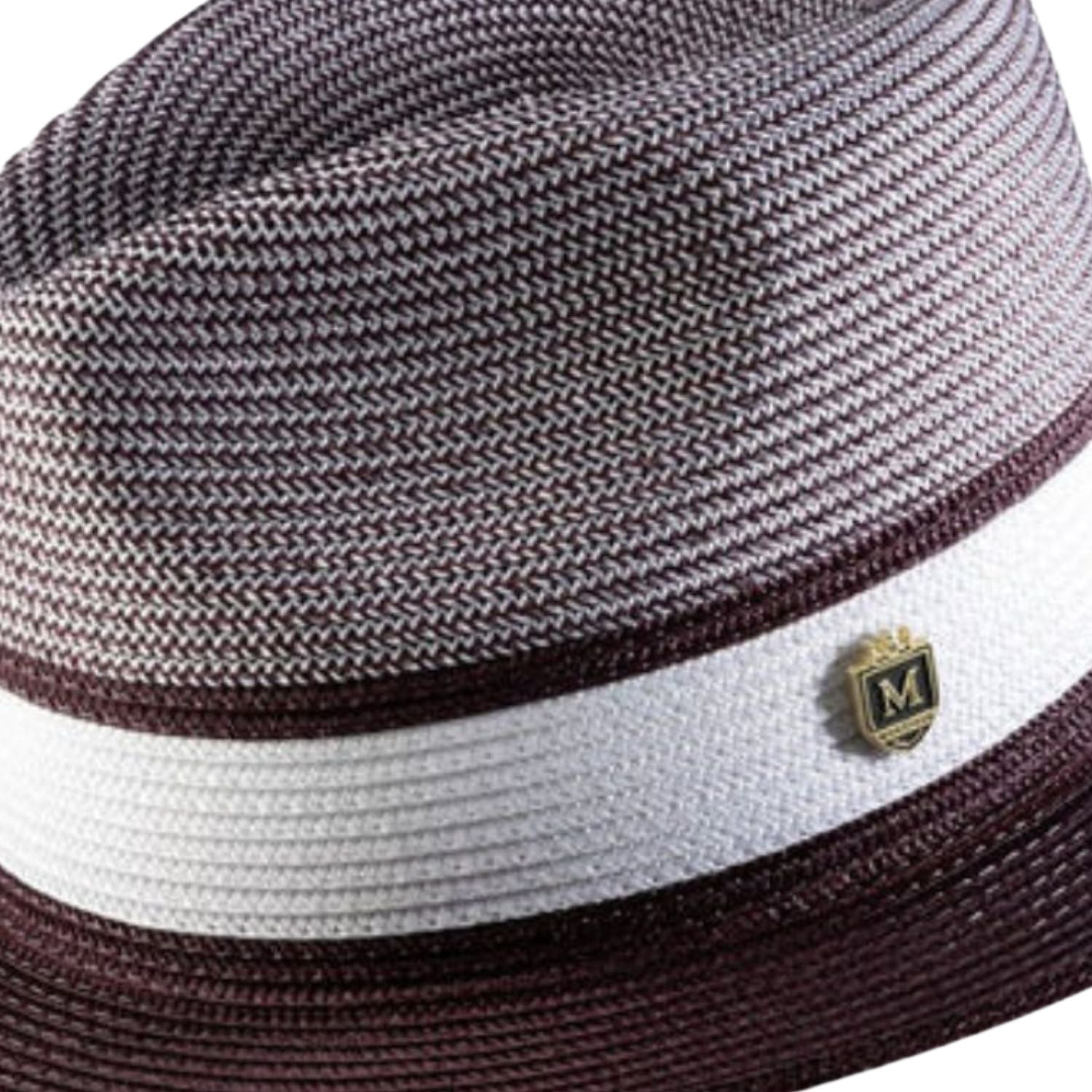 Close up of wine wide brim straw fedora hat pinch crown