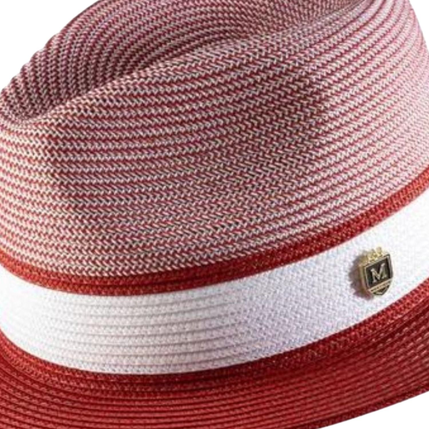 Close up of crimson wide brim straw fedora hat pinch crown