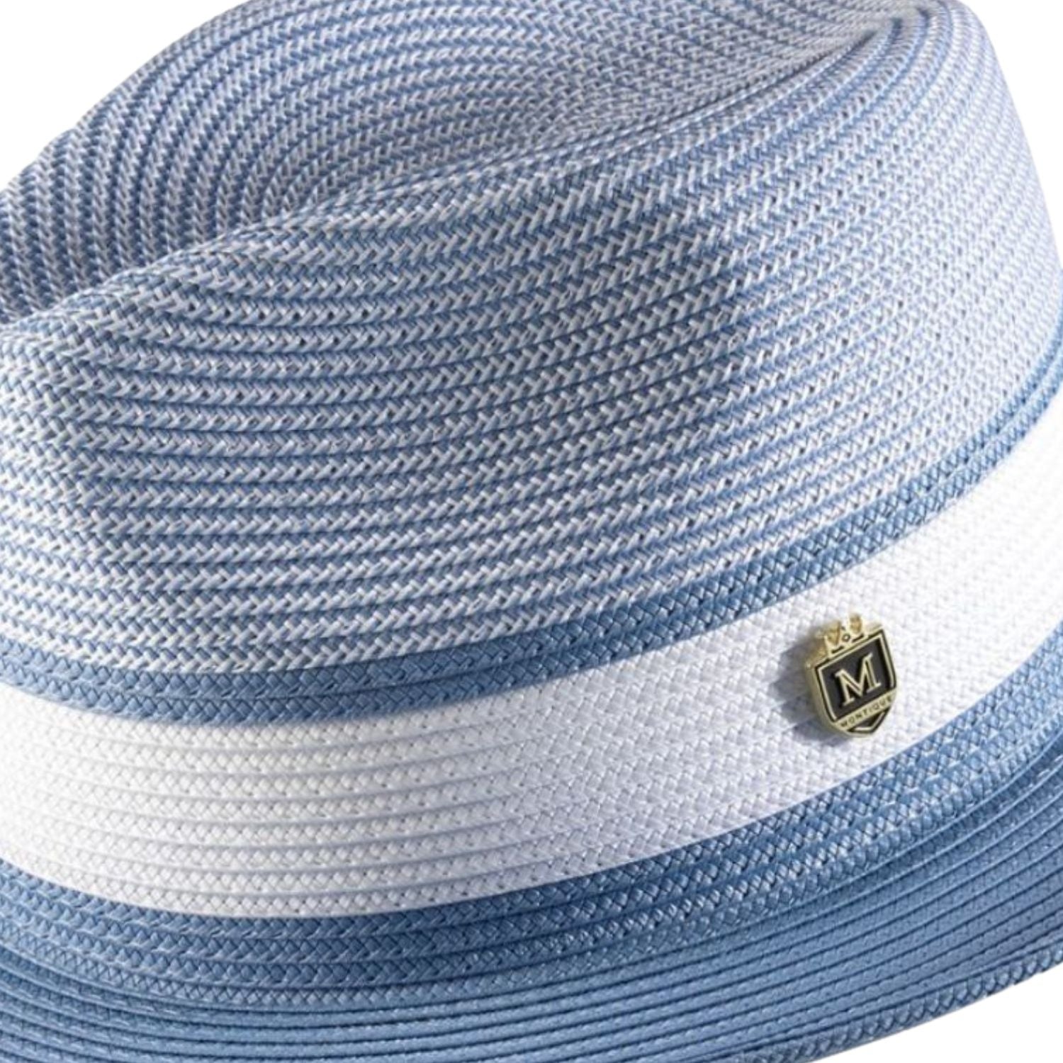 Close up of chambray wide brim straw fedora hat pinch crown