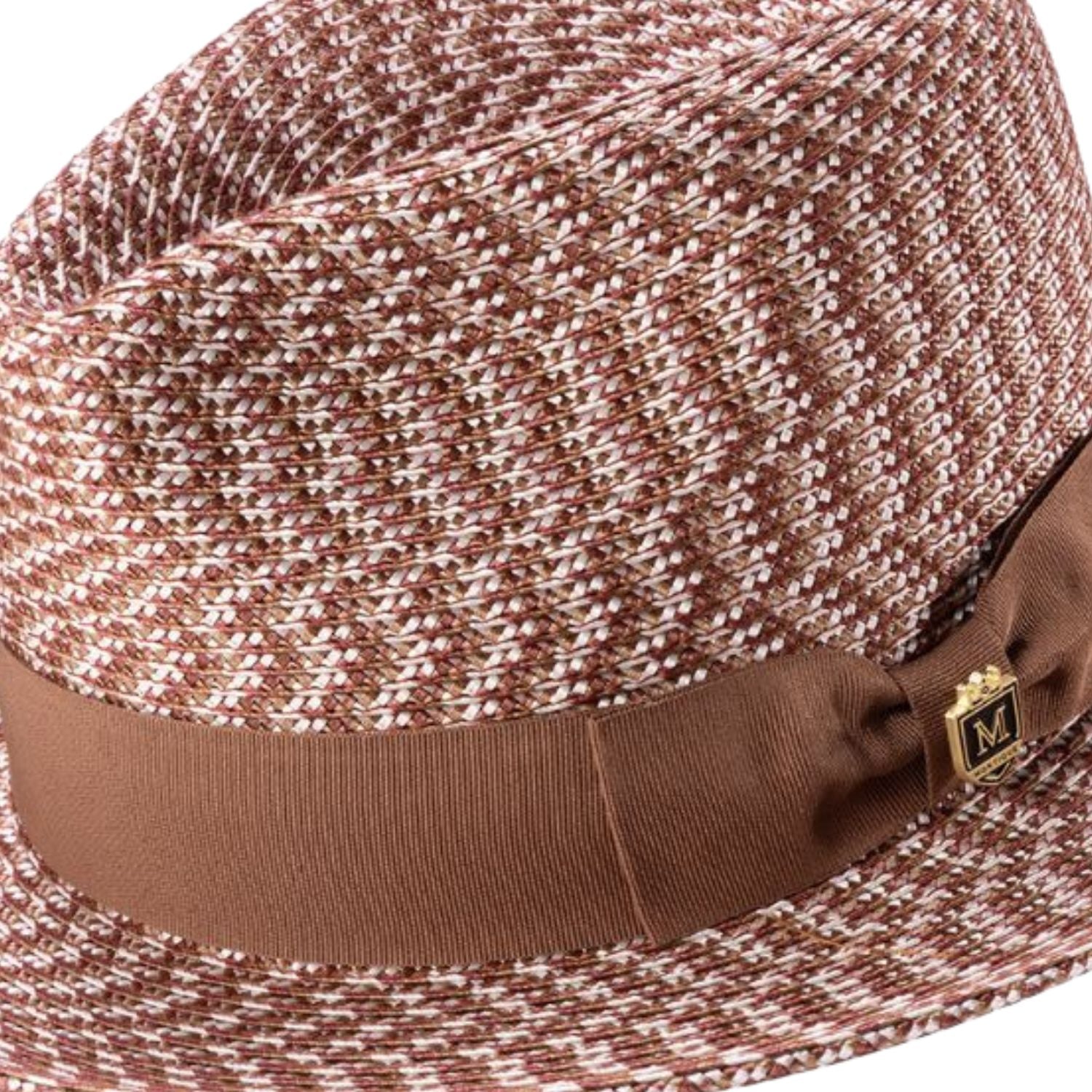 close up view cappuccino woven fedora hat with ribbon band