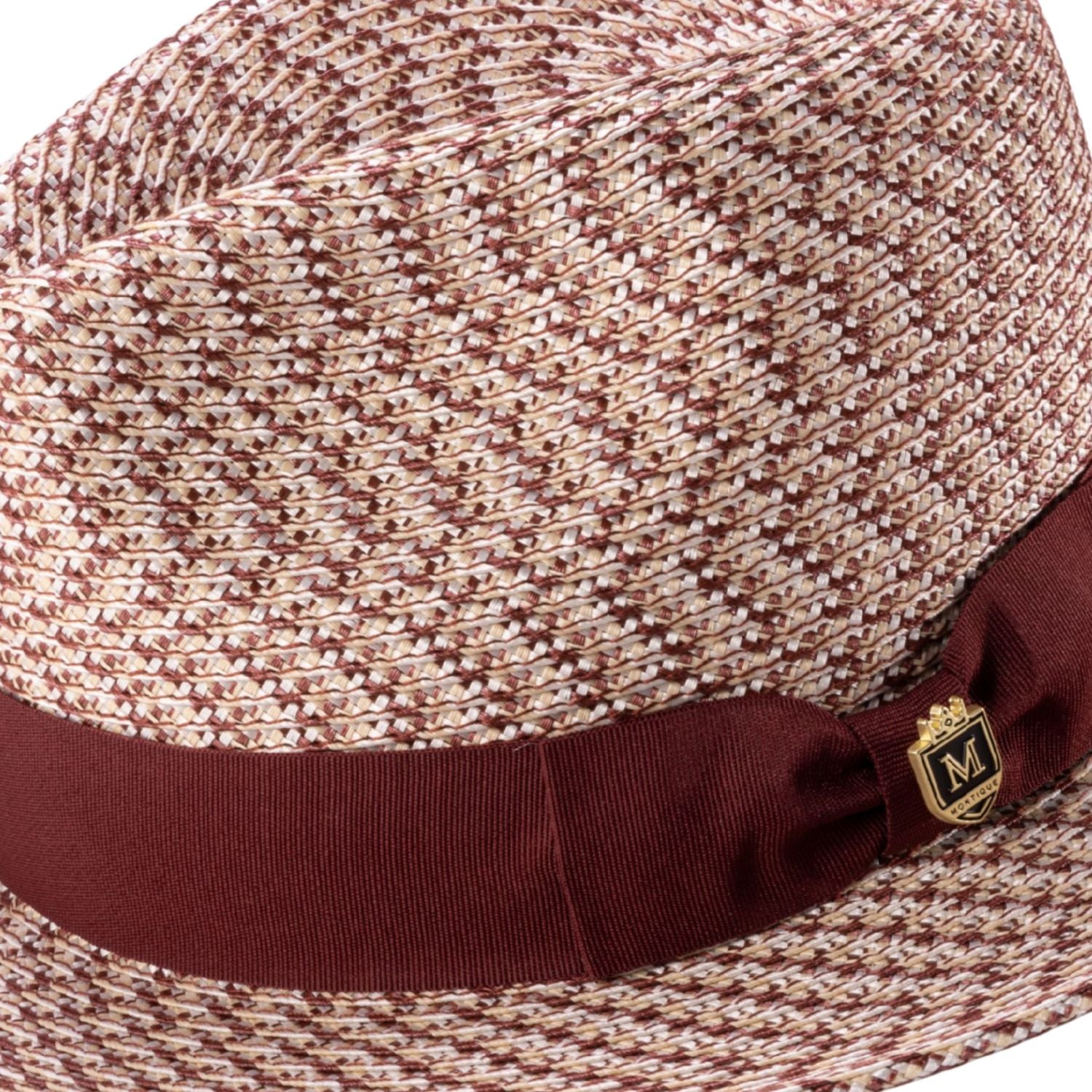 Side view woven fedora hat with burgundy ribbon and pin