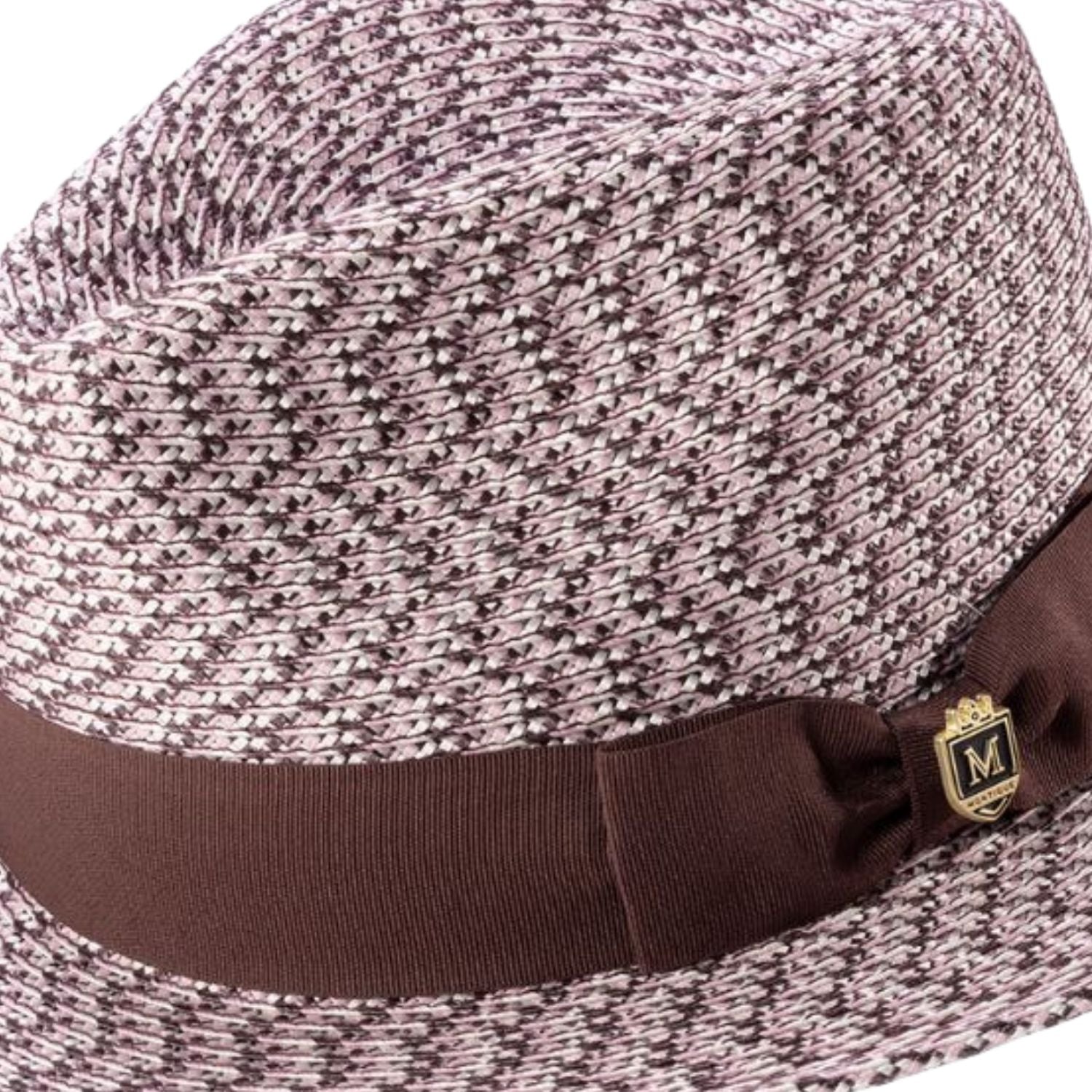 Side view brown patterned fedora hat with ribbon band and pin