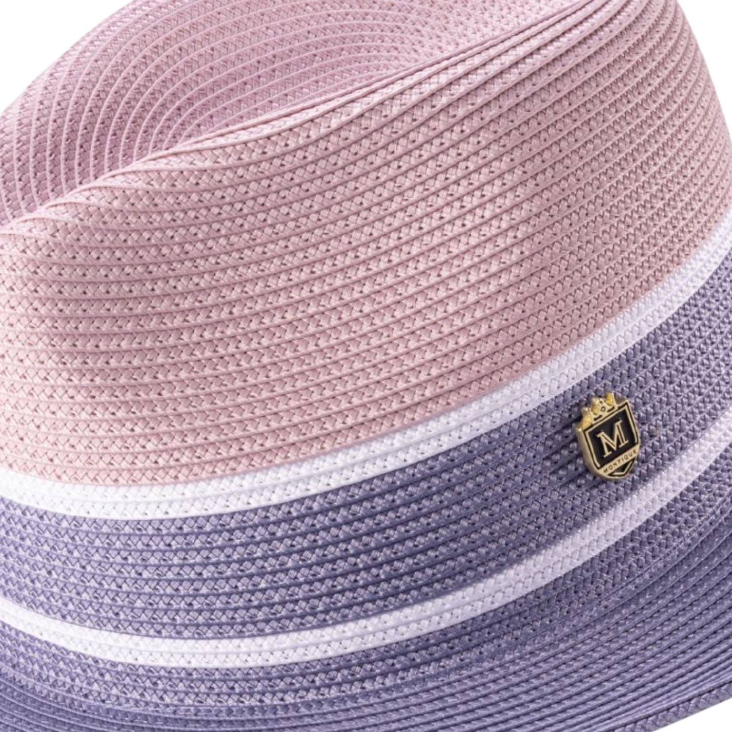 Front profile of the Luyten Collection gunmetal and mauve fedora showing the 2.5-inch brim and woven texture.