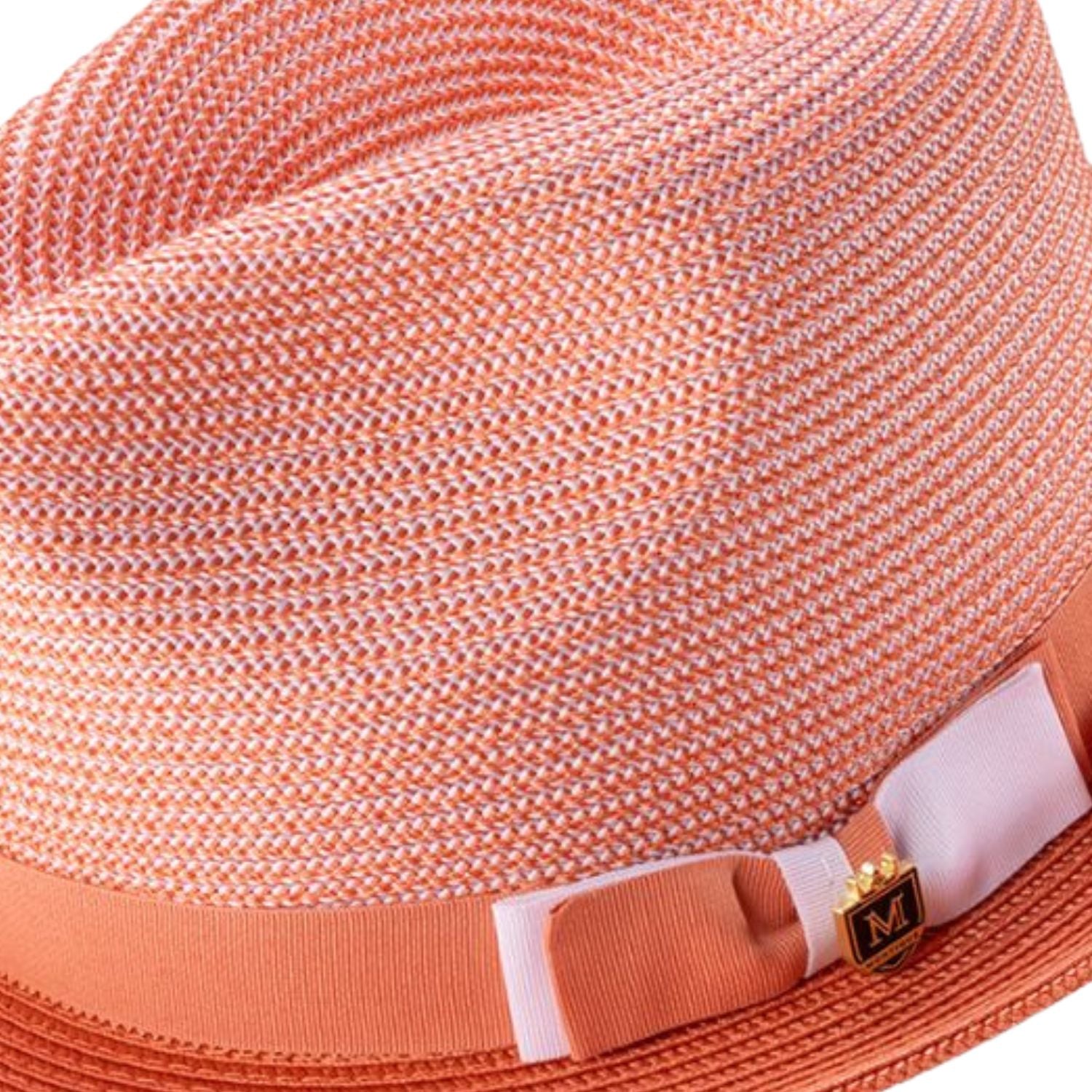 Side view of salmon two tone stingy brim fedora hat with ribbon band