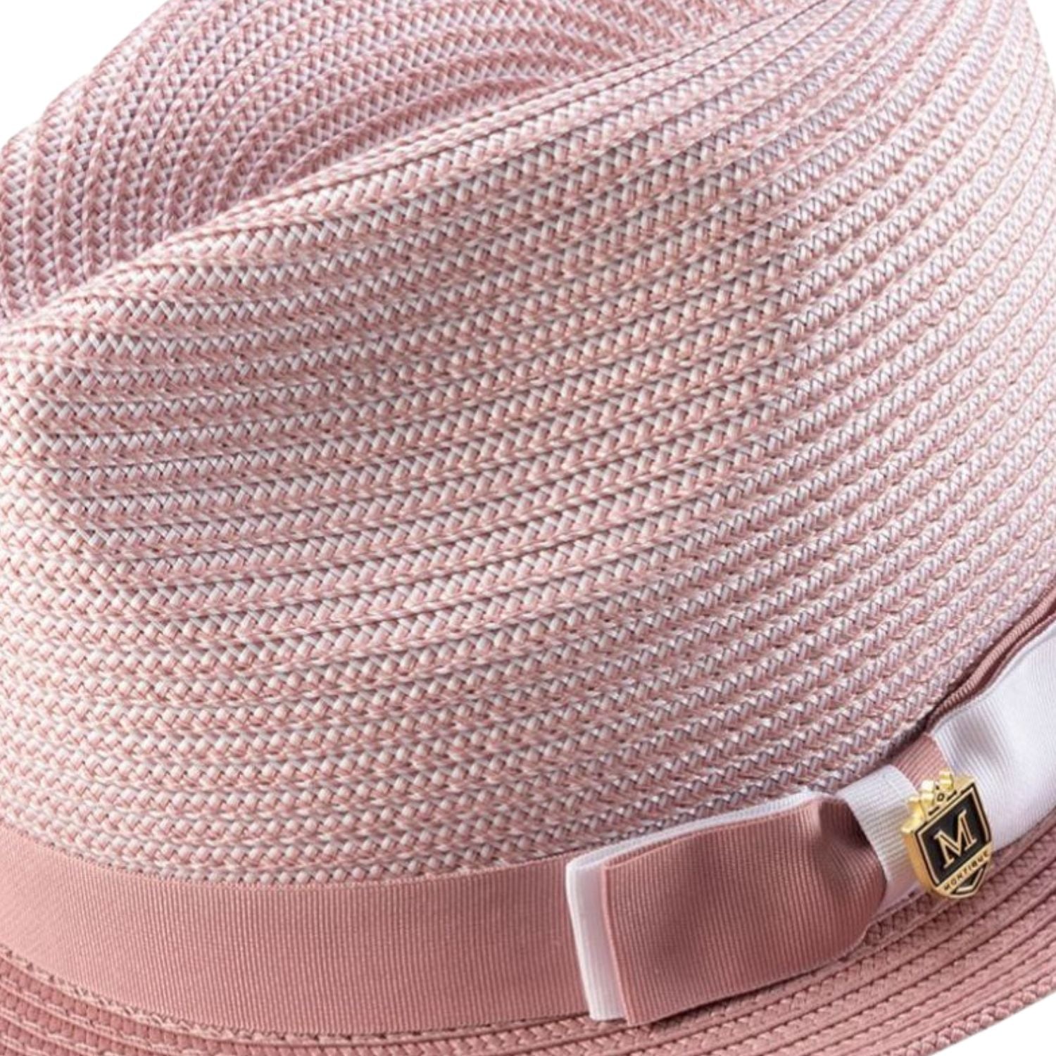 Side view of rose two tone stingy brim fedora hat with ribbon band