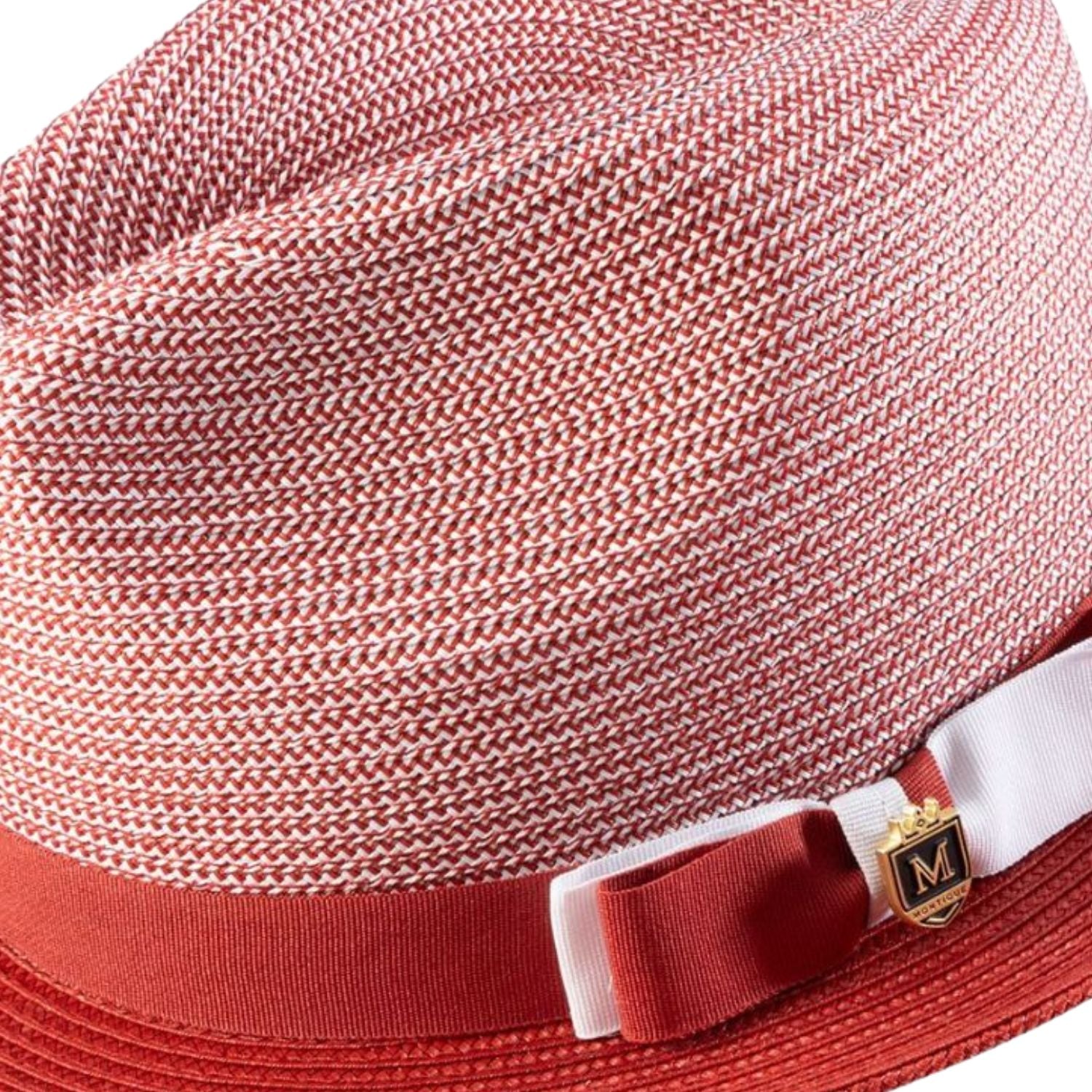 Side view of crimson two tone stingy brim fedora hat with ribbon band